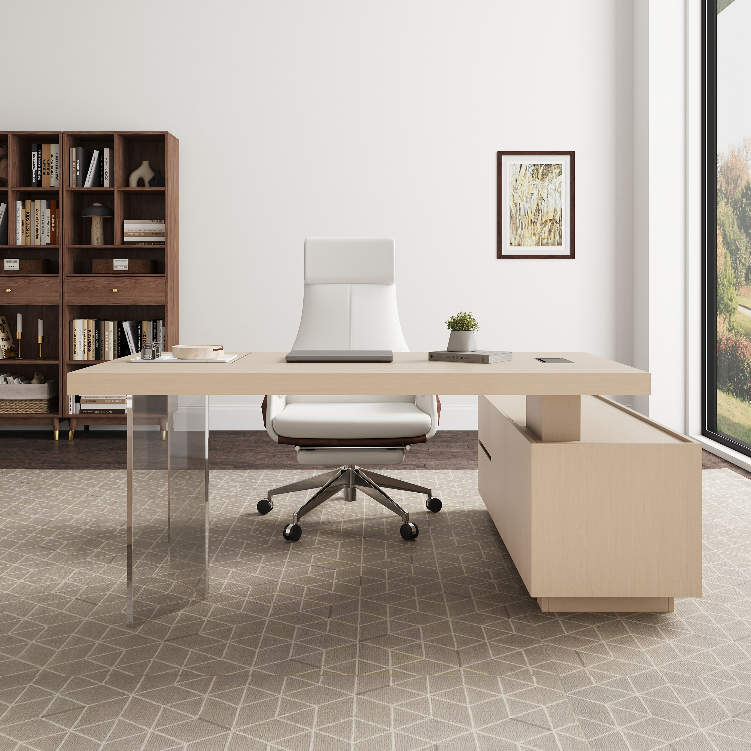 Modern 72" L-Shape Whitewash Standing Executive Desk with Lifter Desktop Left Hand