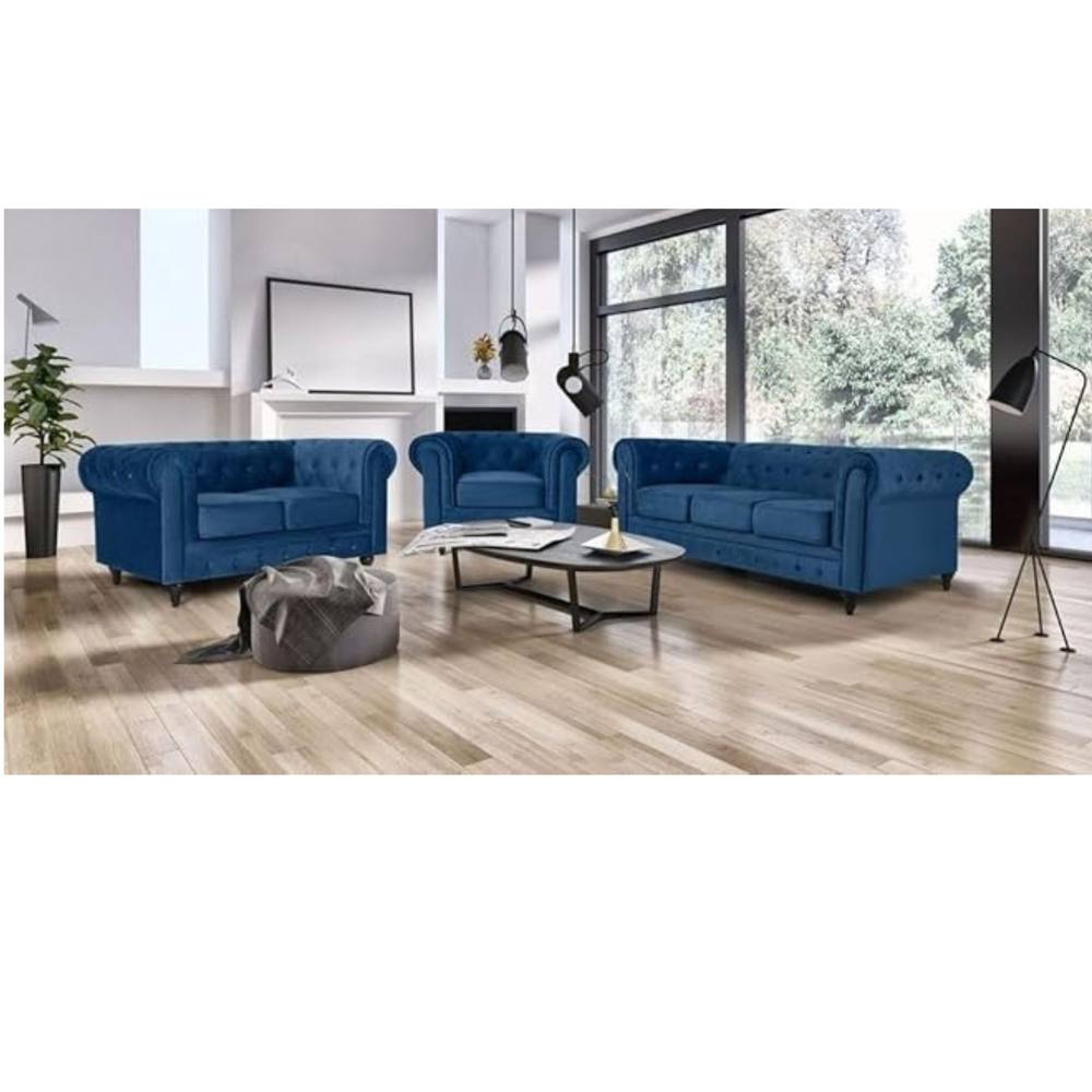 Bliss Furniture Velvet Chesterfield Sofa Suite Armchair 2 & 3 in Blue