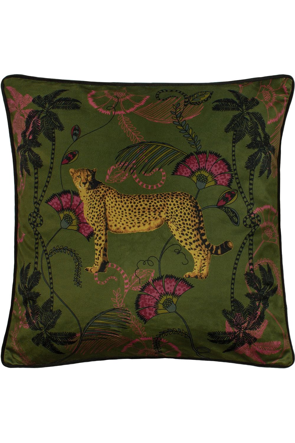 Paoletti Tropical Cheetah Printed Piped Cushion in Khaki