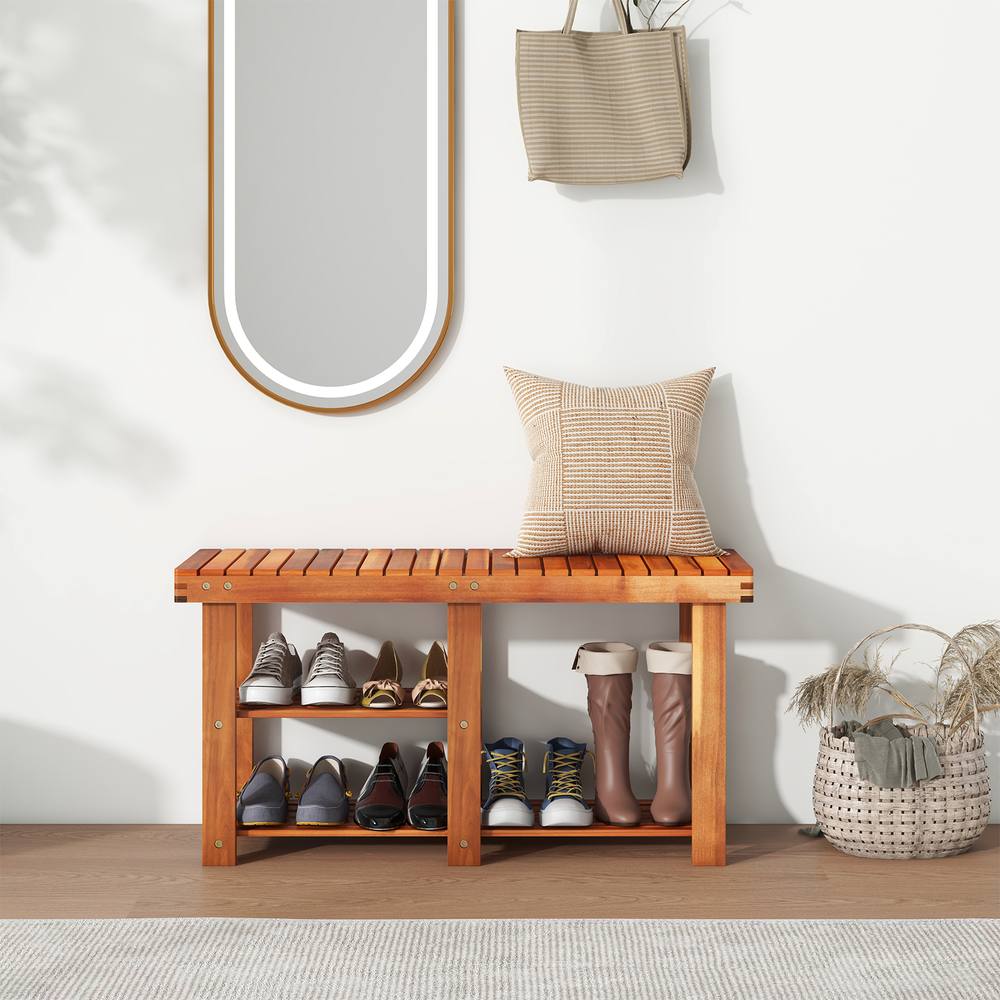 Costway Acacia Wood Shoe Rack Bench 3-Tier Shoe Organizer 87x28x45cm in Brown