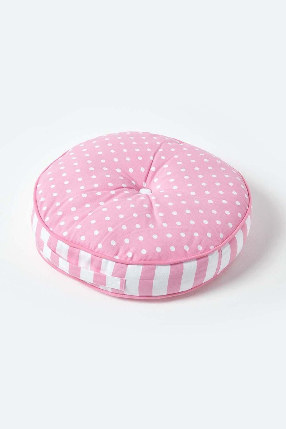 Homescapes Polka Dots & Stripes Round Floor Cushion in Pink