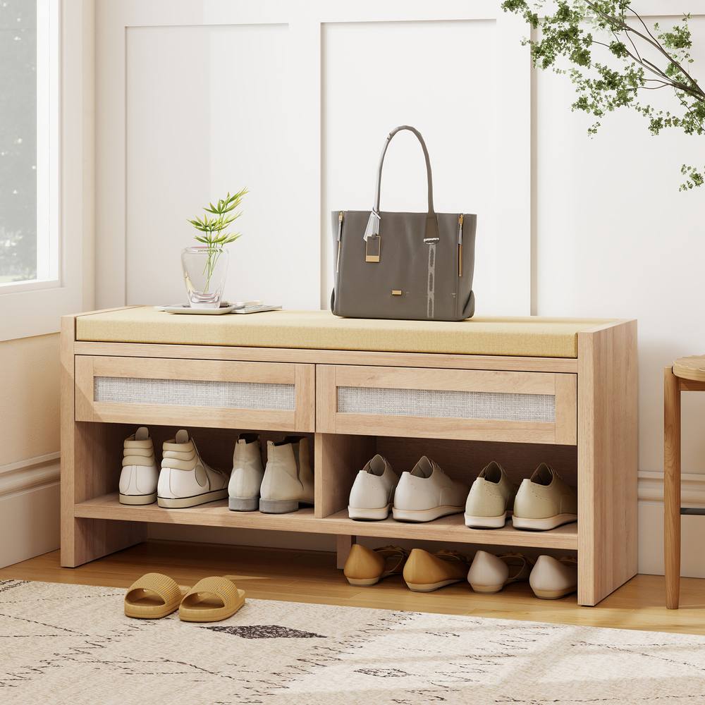 HOMCOM Shoe Bench with 2 Rattan Drawers Cushion Oak Wood Effect in Light Oak