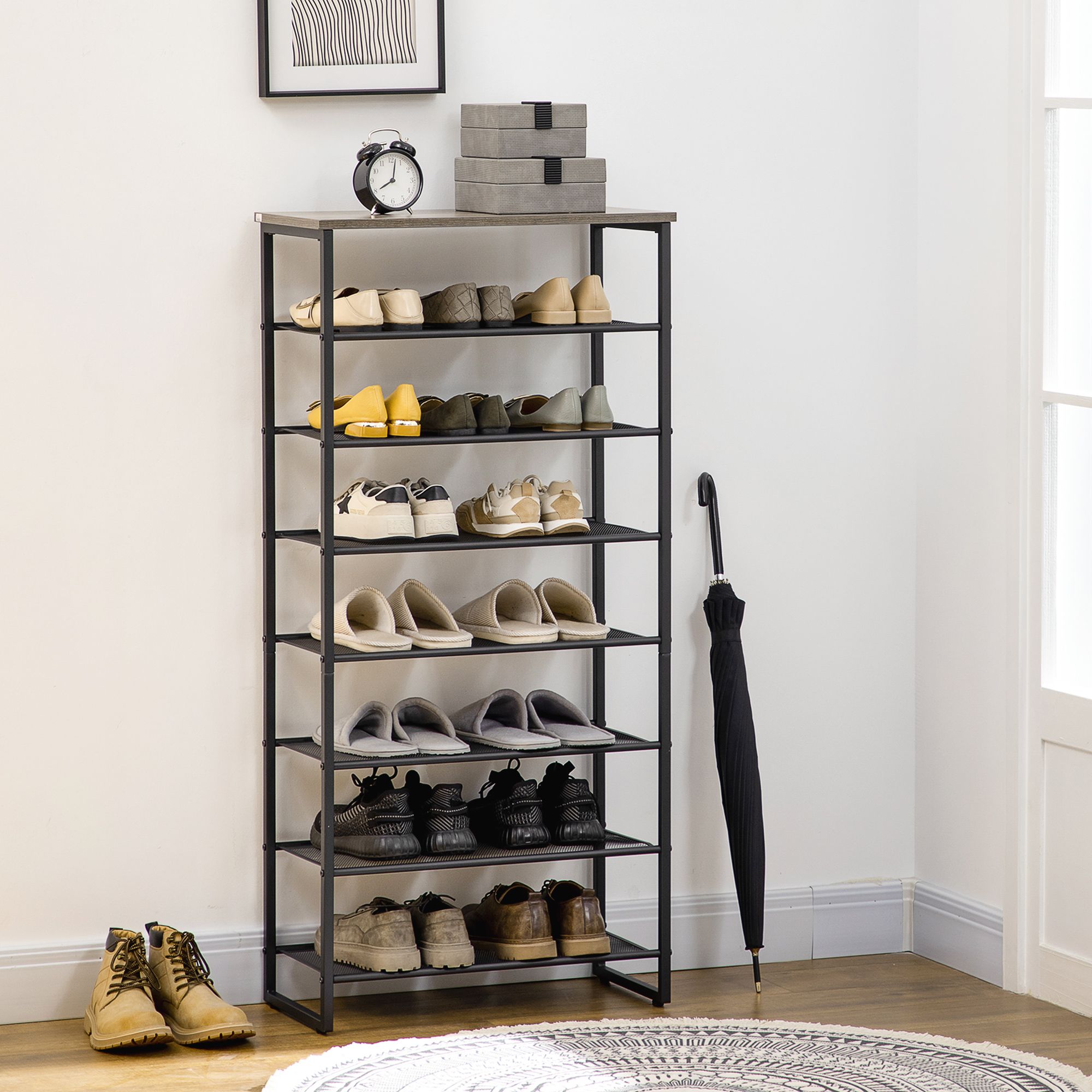 HOMCOM 8-Tier Metal Shoe Rack Storage Organiser with Mesh Shelves in Black