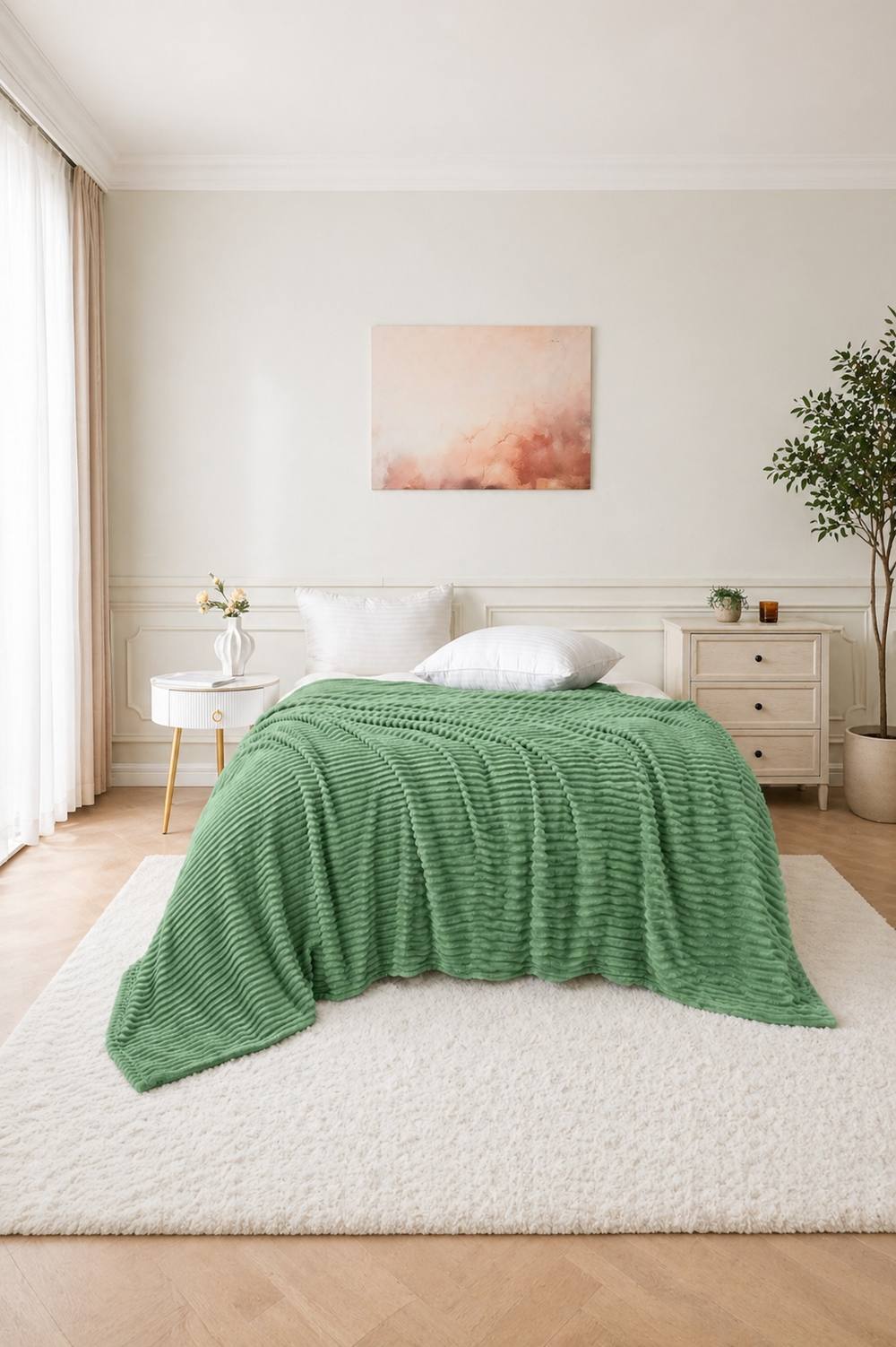 Dyzi Large Supersoft Ribbed Jacquard Fleece Throw Blanket 200 x 240cm in Green