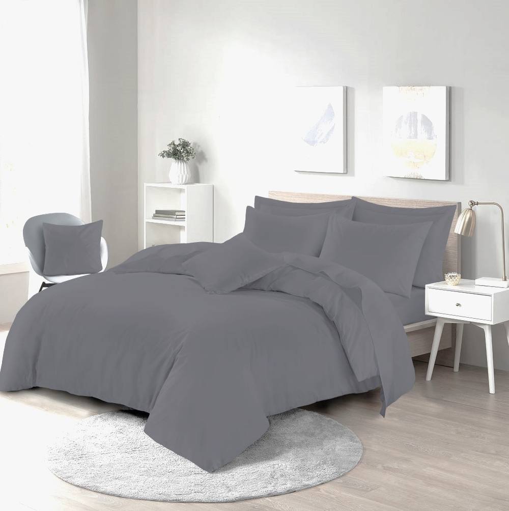 Homes-Linen Plain Dyed Polycotton Duvet Cover Set with Pillowcases in Grey