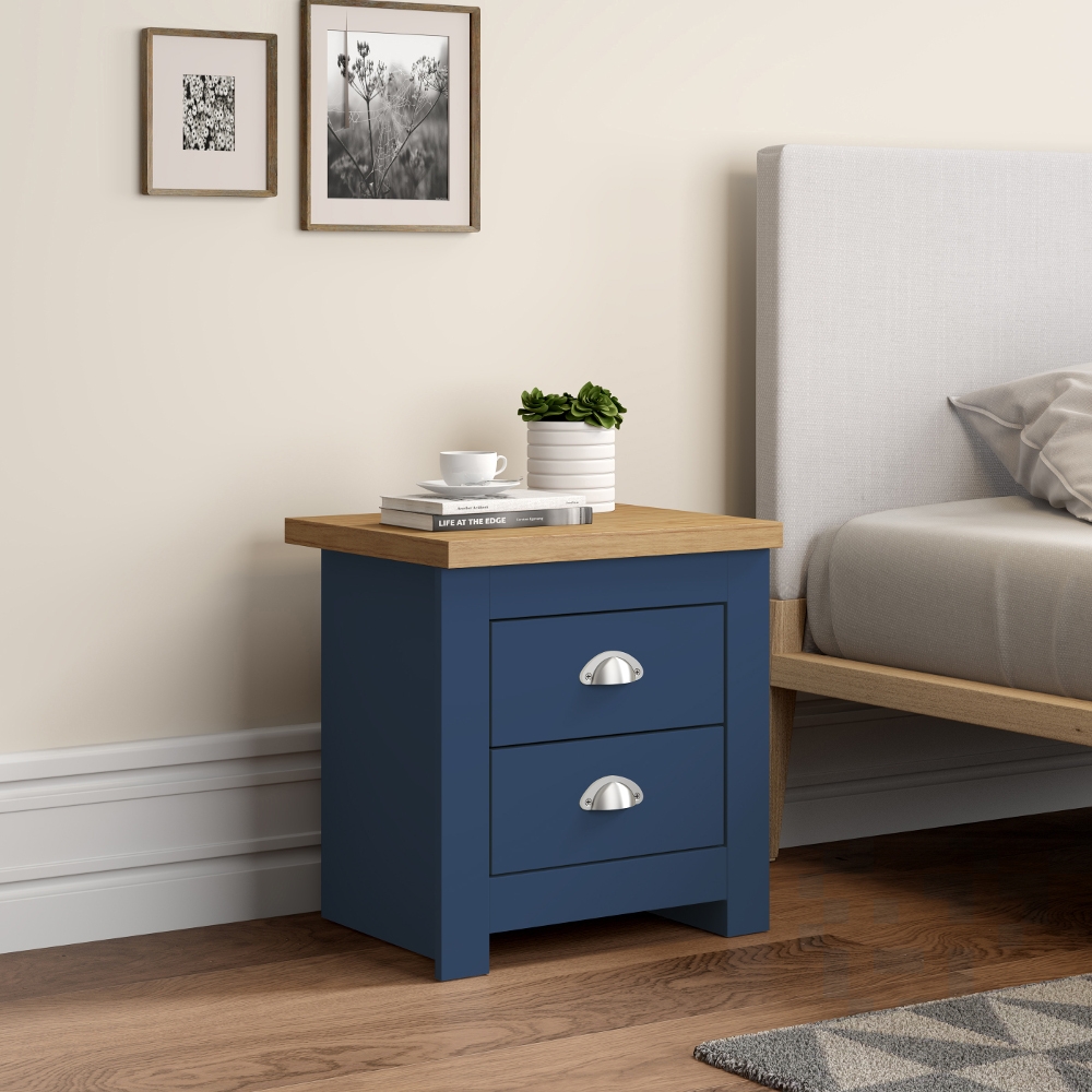 Winchester Navy Blue and Oak Wooden 2 Drawer Bedside Table