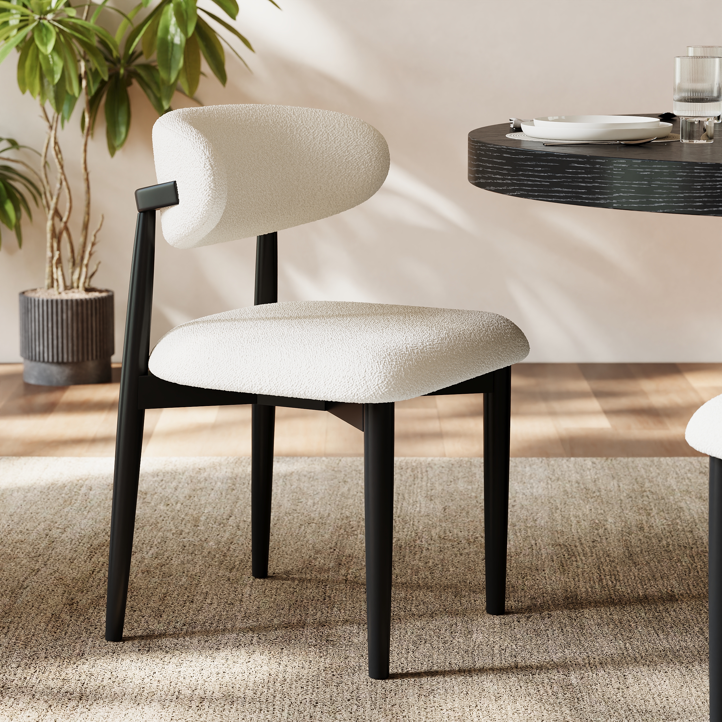 Modern Black Boucle Dining Chair with Rubber Wood Legs, 1 Piece