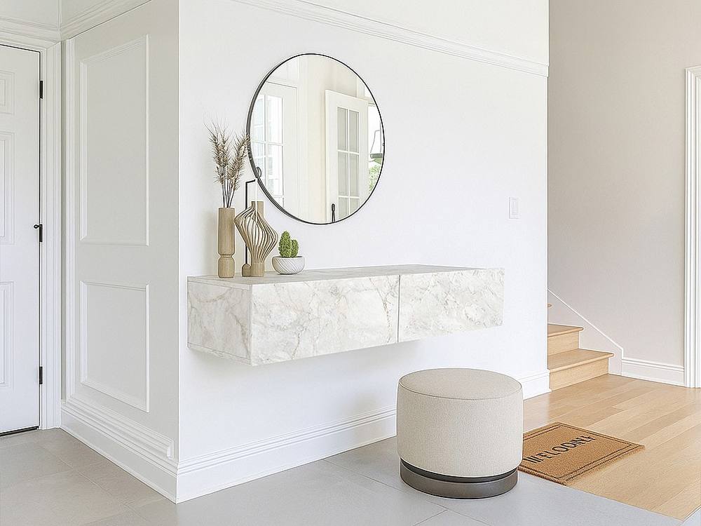 Vente-unique Wall-Mounted Console Table With 2 Doors - White Marble Effect - TENIDA