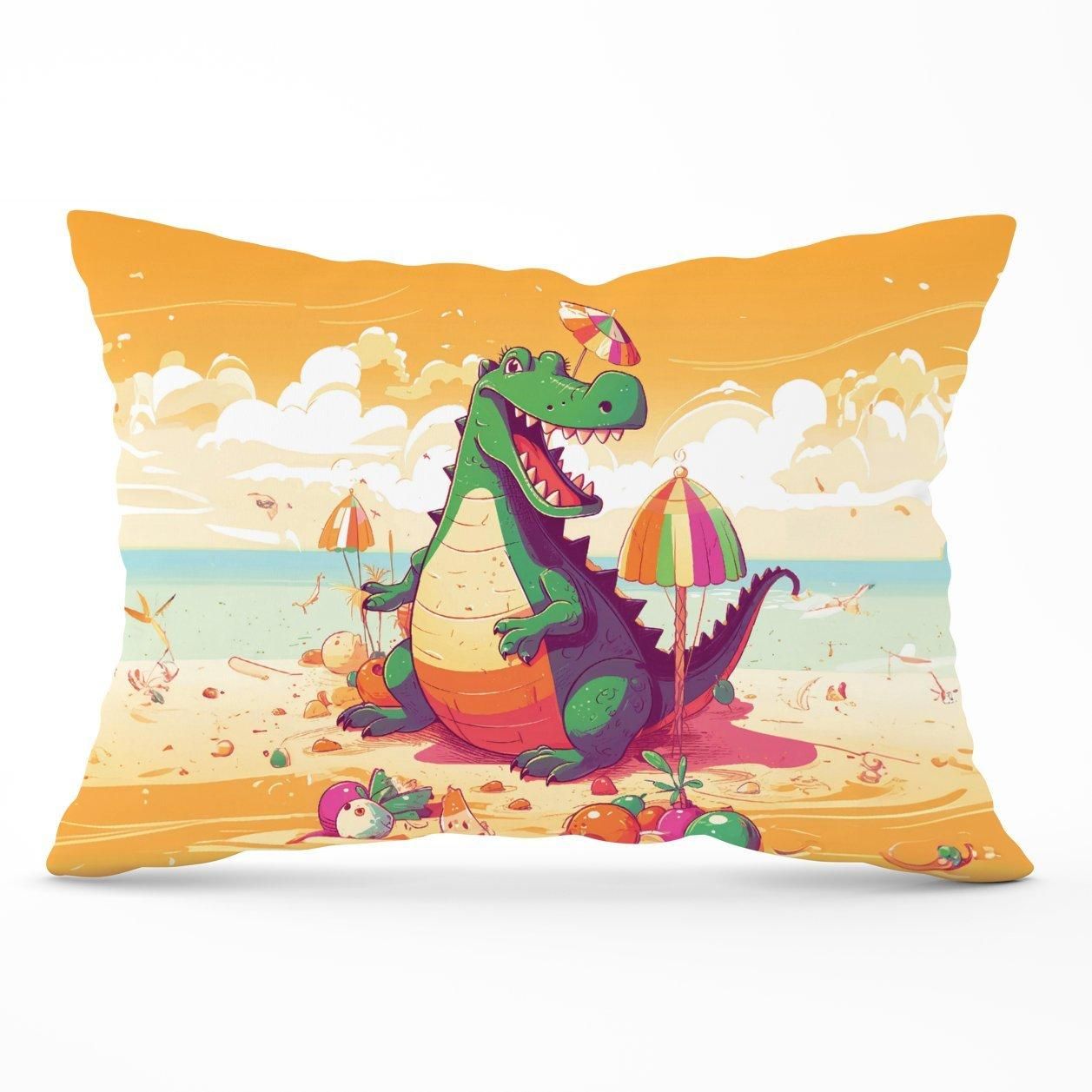 Warren Reed - Designer Crocodile On A Beach Holiday Cushions in Yellow