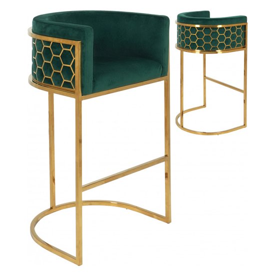 Meta Green Velvet Bar Stools In Pair With Gold Legs