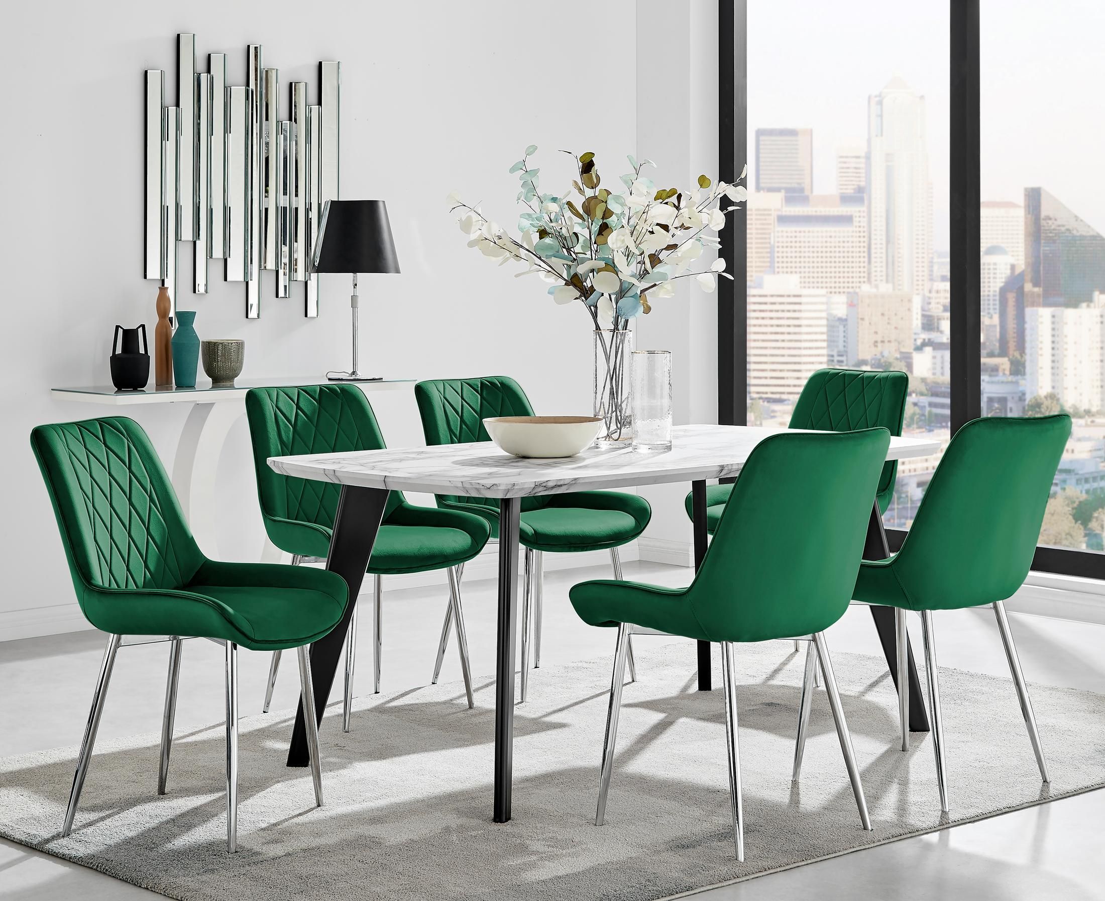 FurnitureboxUK Andria Marble Effect Dining Table With Black Legs & 6 Pesaro Velvet Silver Leg Chairs in Green