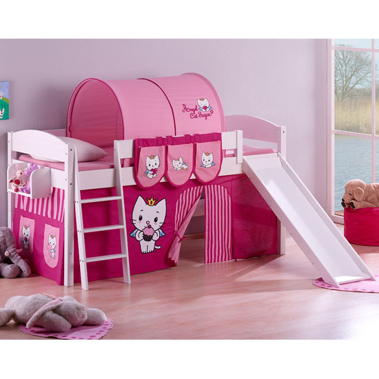 Lilla Slide Children Bed In White With Angel Cat Sugar Curtains
