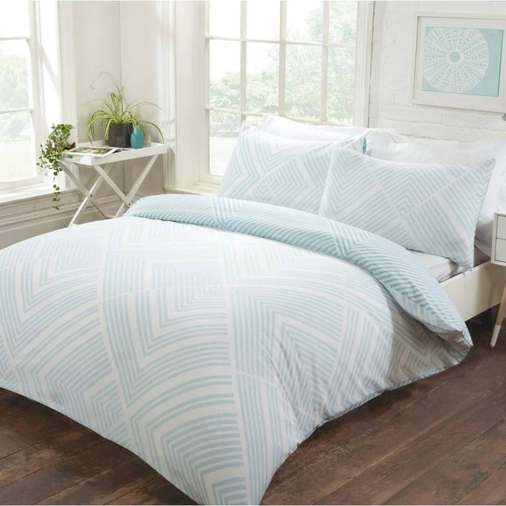 Smart Living Luxury Striped Geometric Reversible Duvet Cover With Pillowcases in Duck Egg Blue
