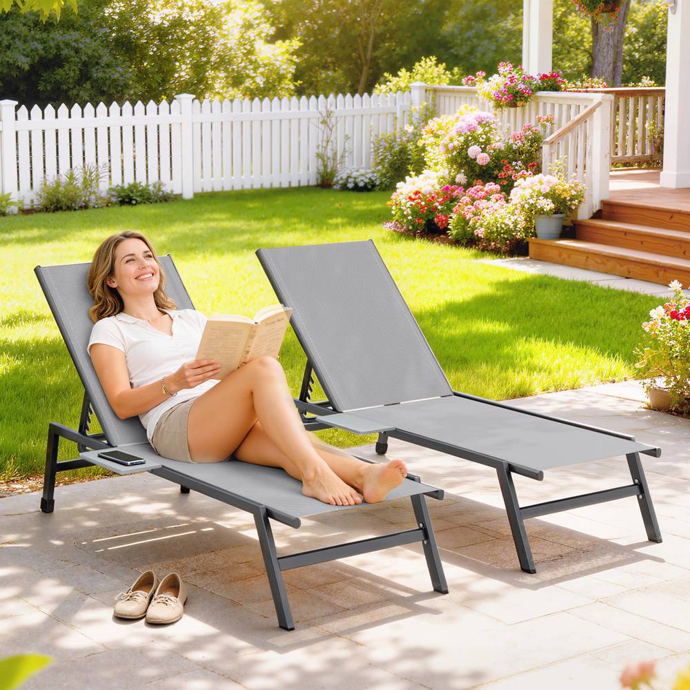 OUTSUNNY Sun Loungers for Garden Set of 2 with Side Tray Table in Grey