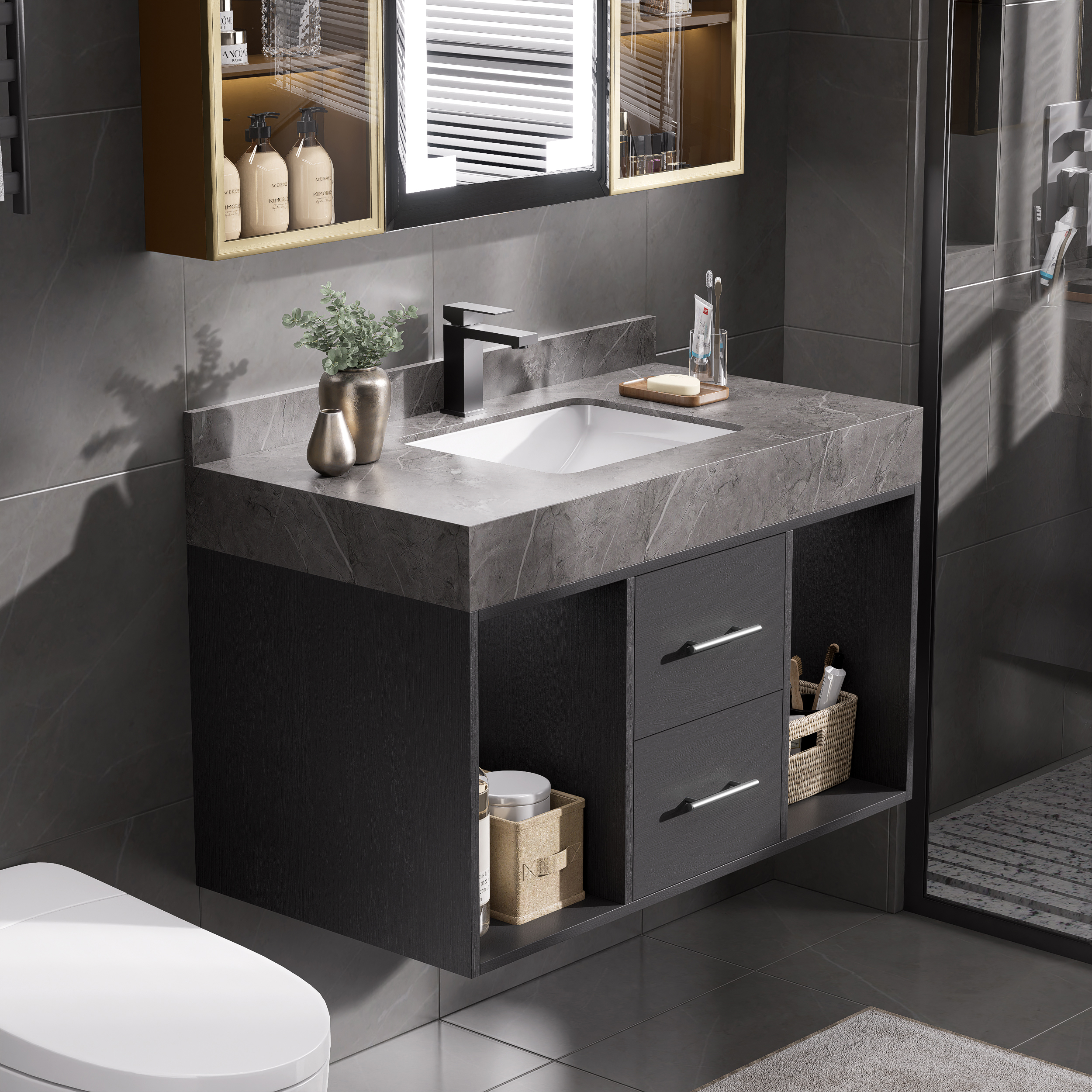 900mm Floating Bathroom Vanity with Sintered Stone Vessel Sink with 2 Drawers