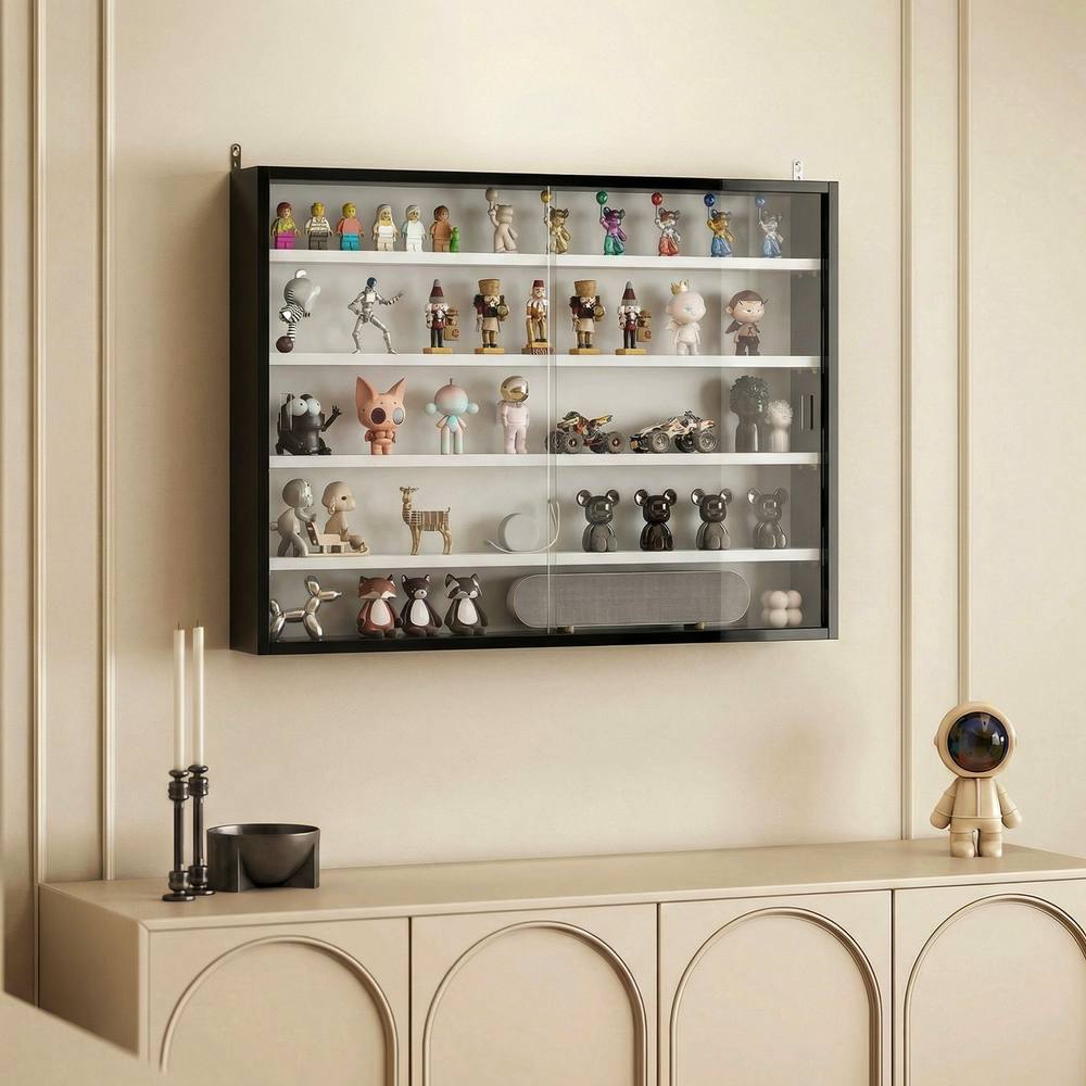 HOMCOM 5-Tier Wall Display Shelf Cabinet with Glass Doors, Black & White