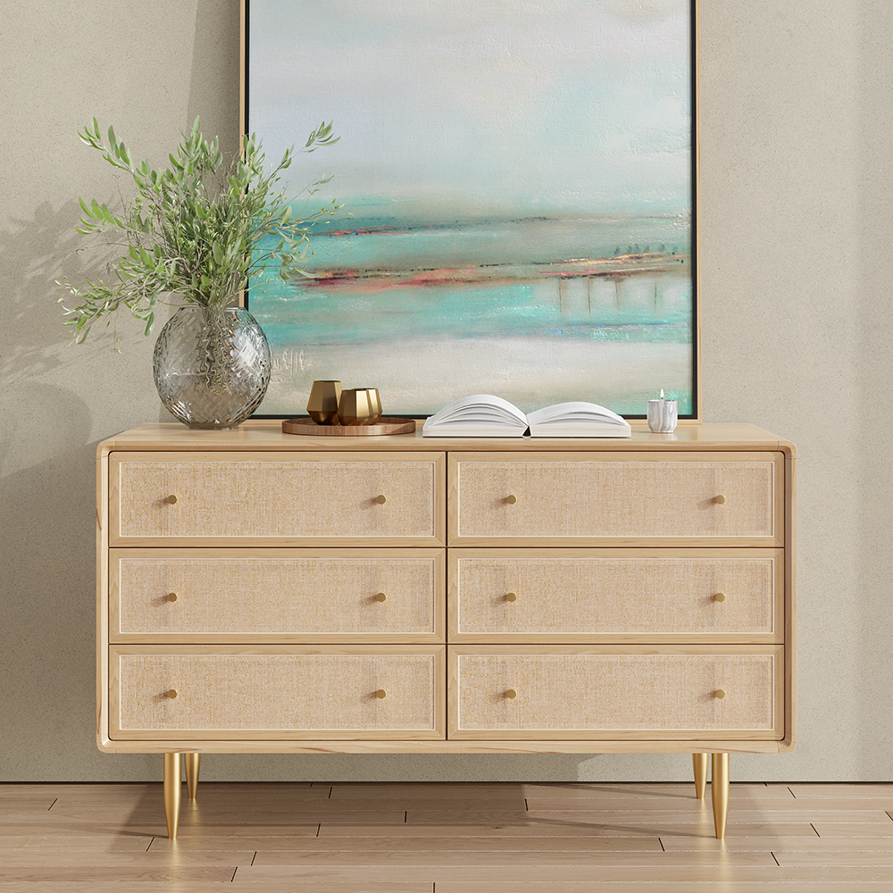 Mid-century Modern Tural 1360 mm Nordic Natural Bedroom Dresser with 6 Drawers Rattan Woven in Gold