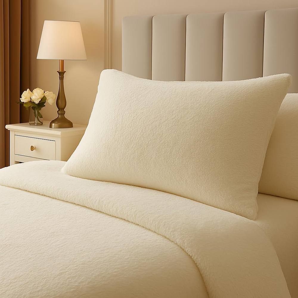 Homes-Linen Teddy Bear Plush Fleece Pillowcase Pair Warm & Cosy in Cream