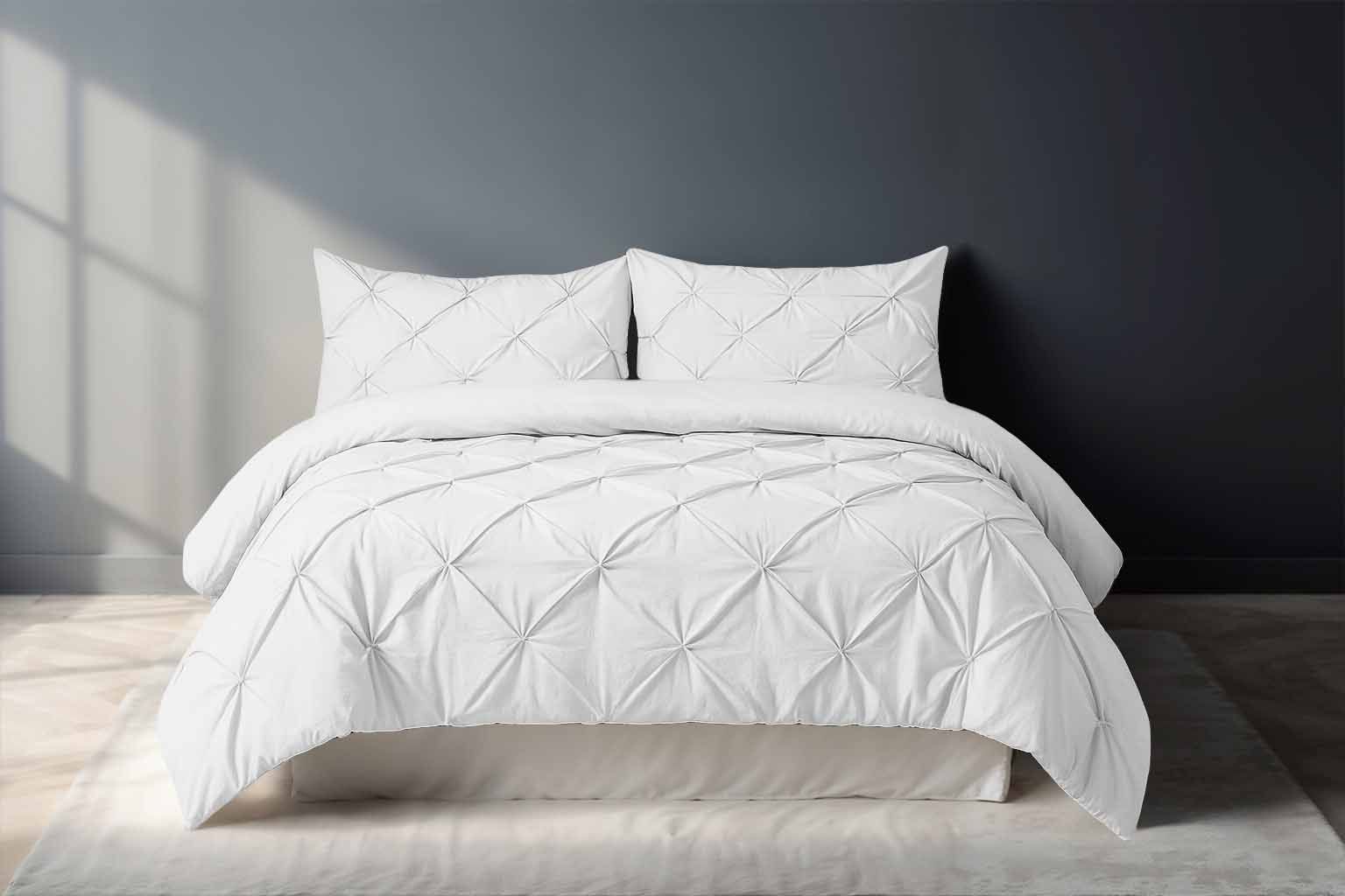 Snug City Pintuck Pinch Pleated Polycotton Duvet Cover & Pillowcase/s Set Bed Linen in White