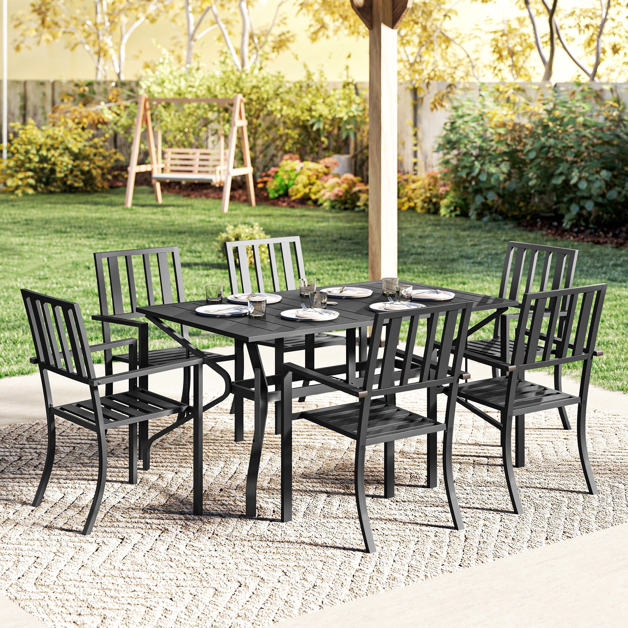 OUTSUNNY 7 Pieces Patio Dining Set with Umbrella Hole for Garden in Black