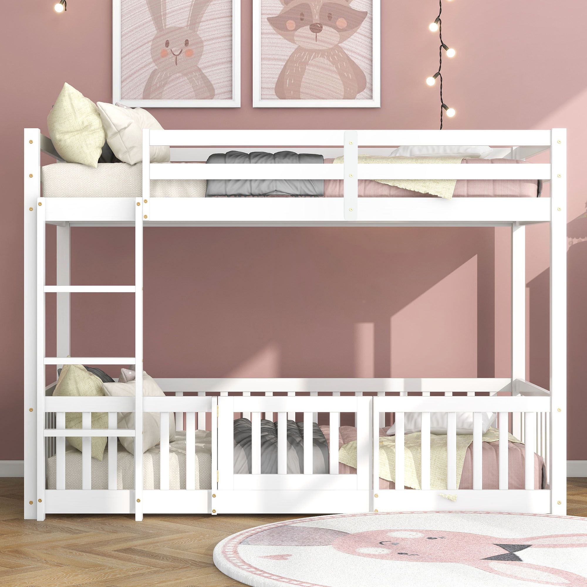 Matteo 3FT Bunk Bed, Bed With Fences & Door, Children's Bed With Fall Protection & Railings, Solid Wood in White