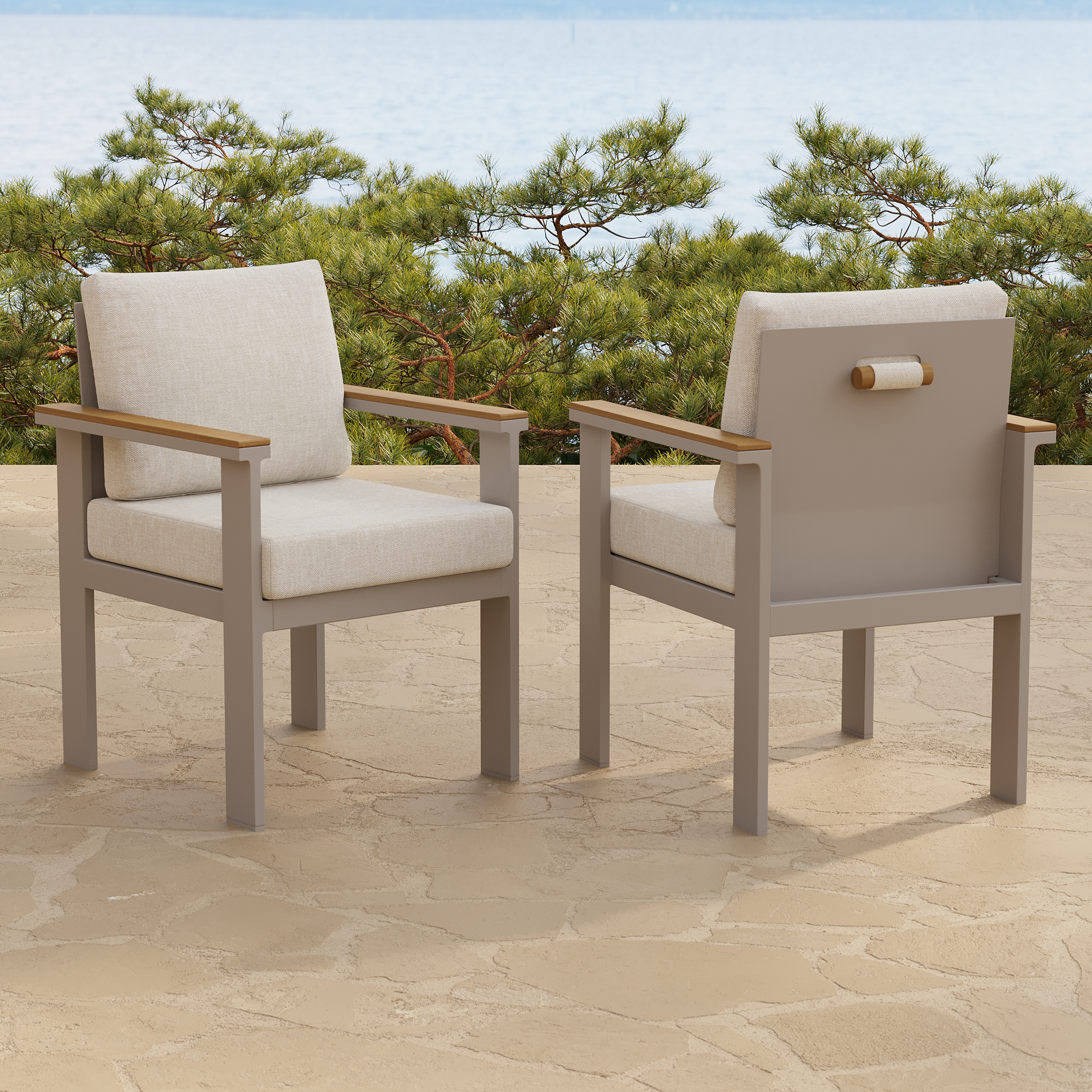 Tevara 2 PC Teak & Aluminium Outdoor Dining Chair Modern Yard & Patio Furniture in Warm White Cushion & Pillow Included