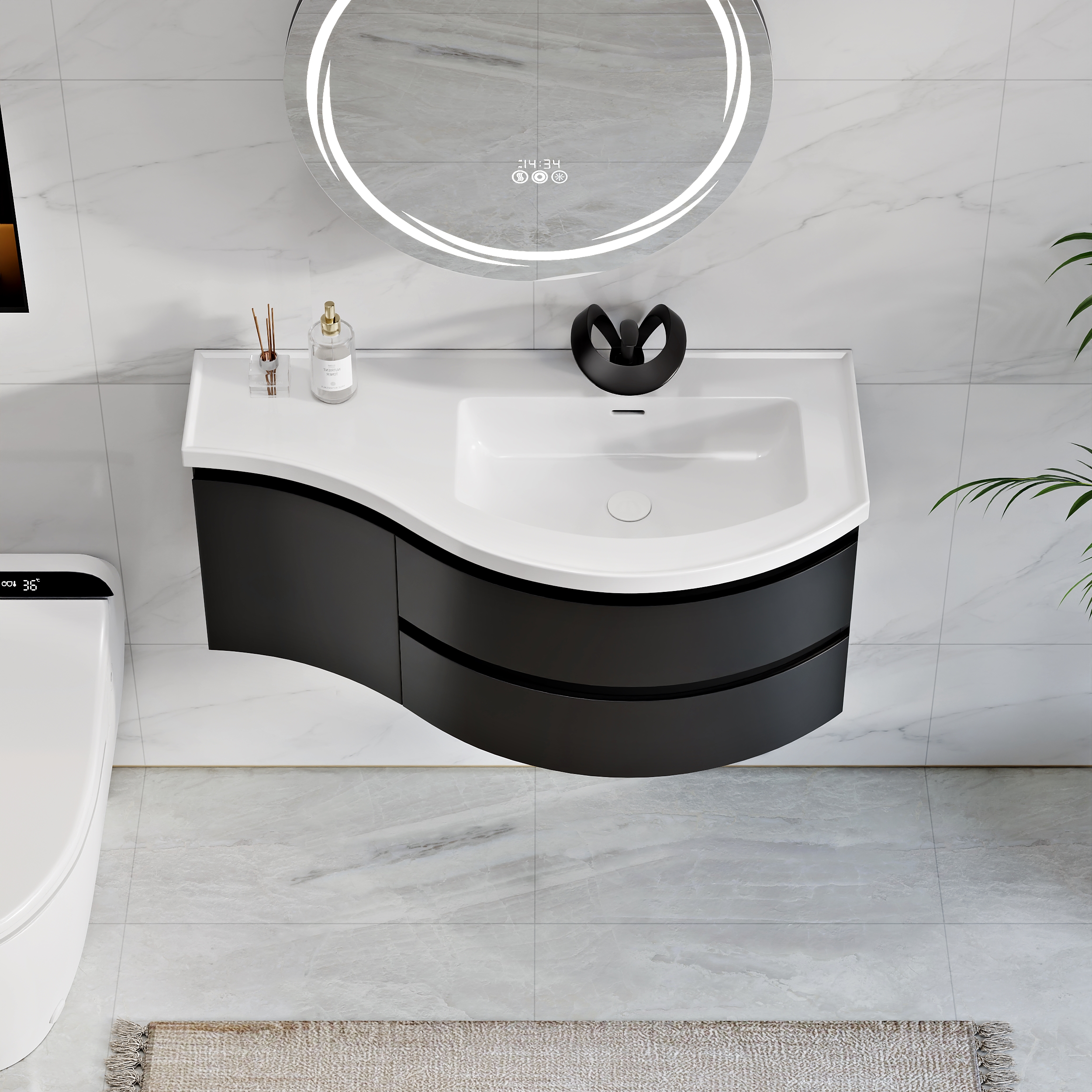 35" Floating Single Curved Bathroom Vanity with Sink & Storage, Set of 2
