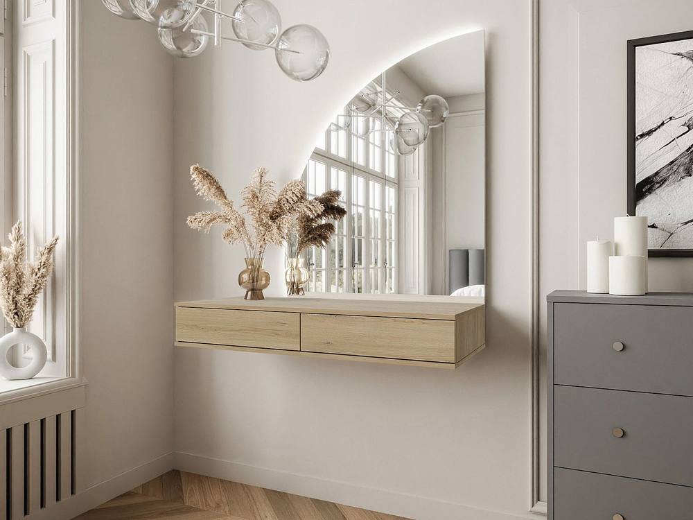Vente-unique Wall-Mounted Dressing Table With LED Mirror - 2 Drawers - Colour: in Light Oak