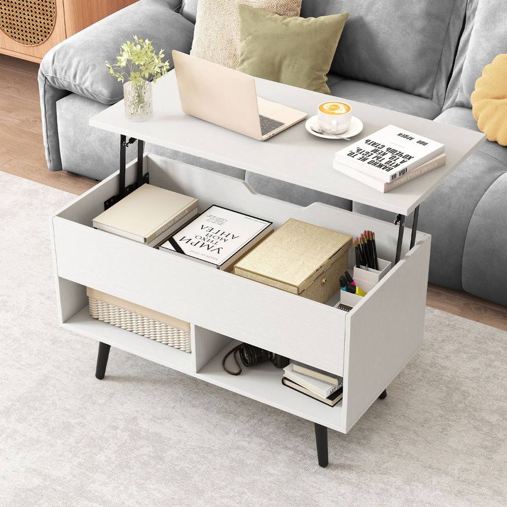 Costway Lift Top Coffee Table Mid Century Modern Accent Table w/Shelves in White