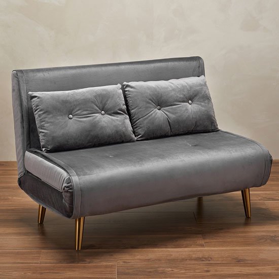 Madison Velvet Upholstered Sofa Bed In Grey With Gold Legs