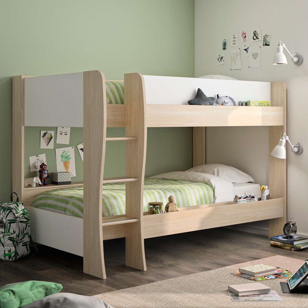 Roomy Oak and White Wooden Bunk Bed Frame - EU Single