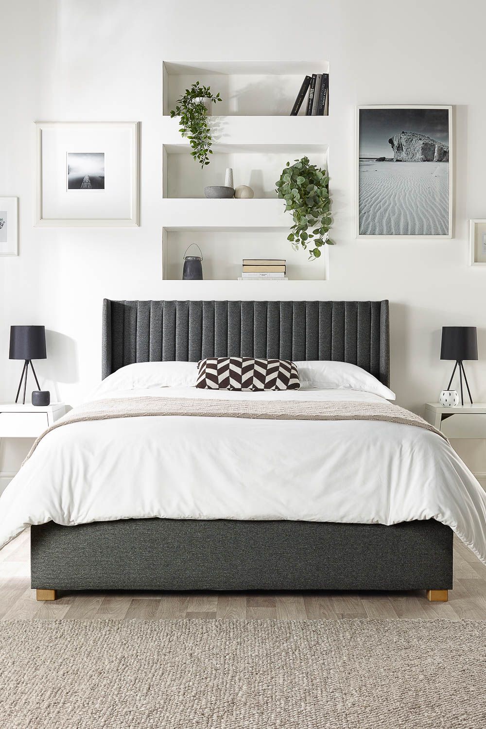 Catherine Lansfield Soho Ottoman Storage Wing Bed in Saxon Twill Fabric, Custom Made in Charcoal
