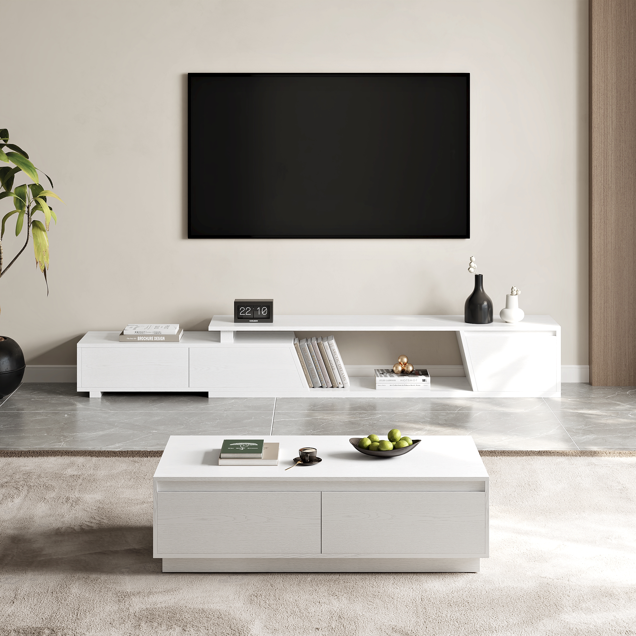 Fero Mid-Century Extendable TV Stand & Block Coffee Table Set