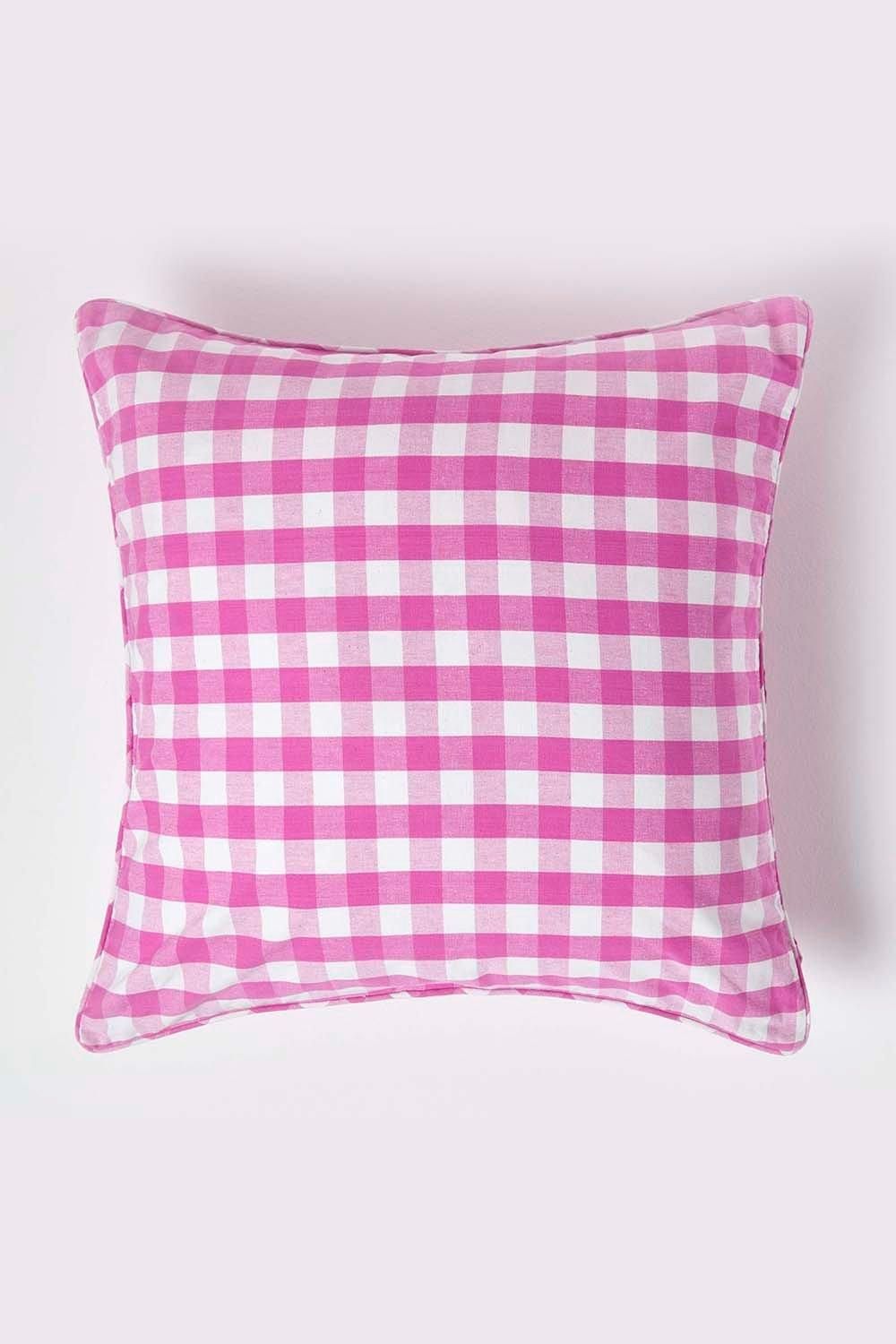 Homescapes Block Check Cotton Gingham Cushion Cover in Pink