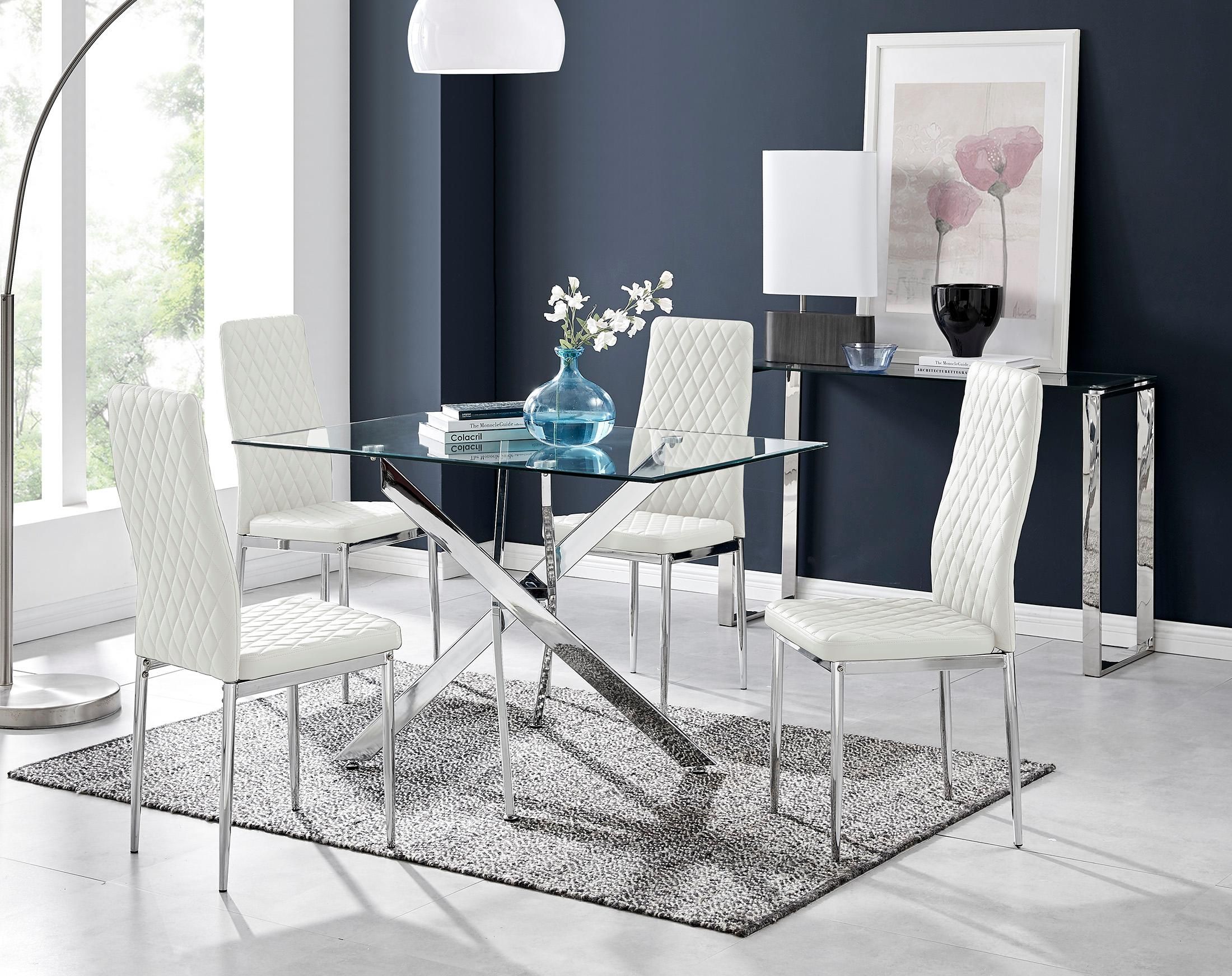 FurnitureboxUK Leonardo Glass & Chrome Metal Dining Table & 4 Milan Chairs Set in White