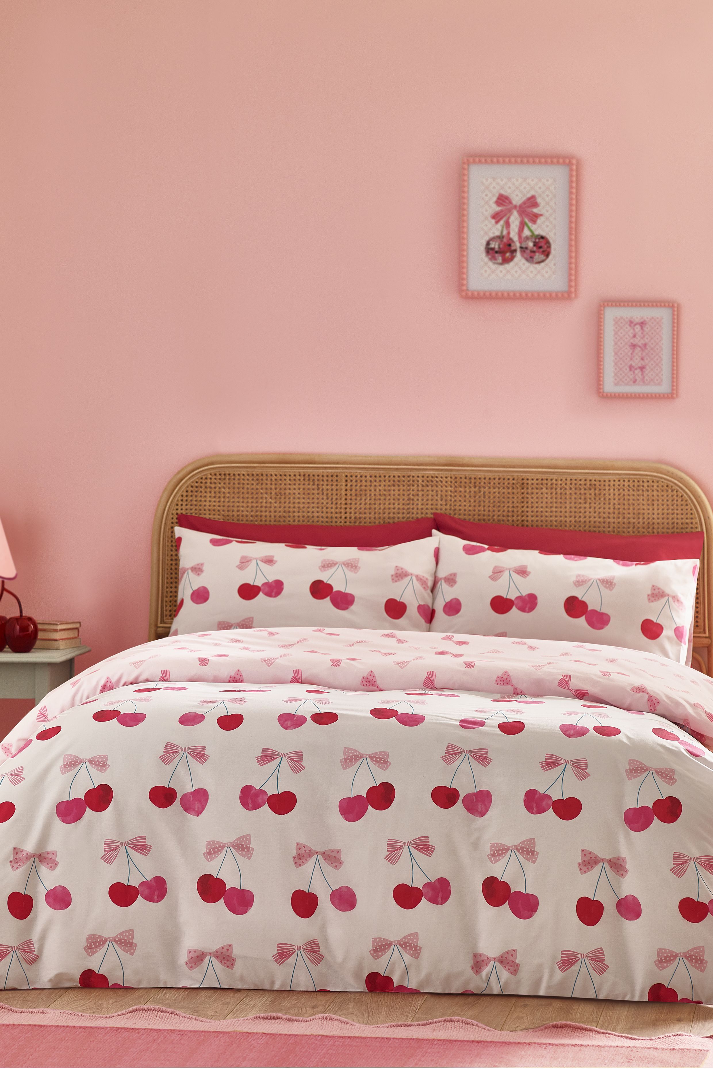 Catherine Lansfield 'Cherries & Bows' Reversible Duvet Cover Set in Pink