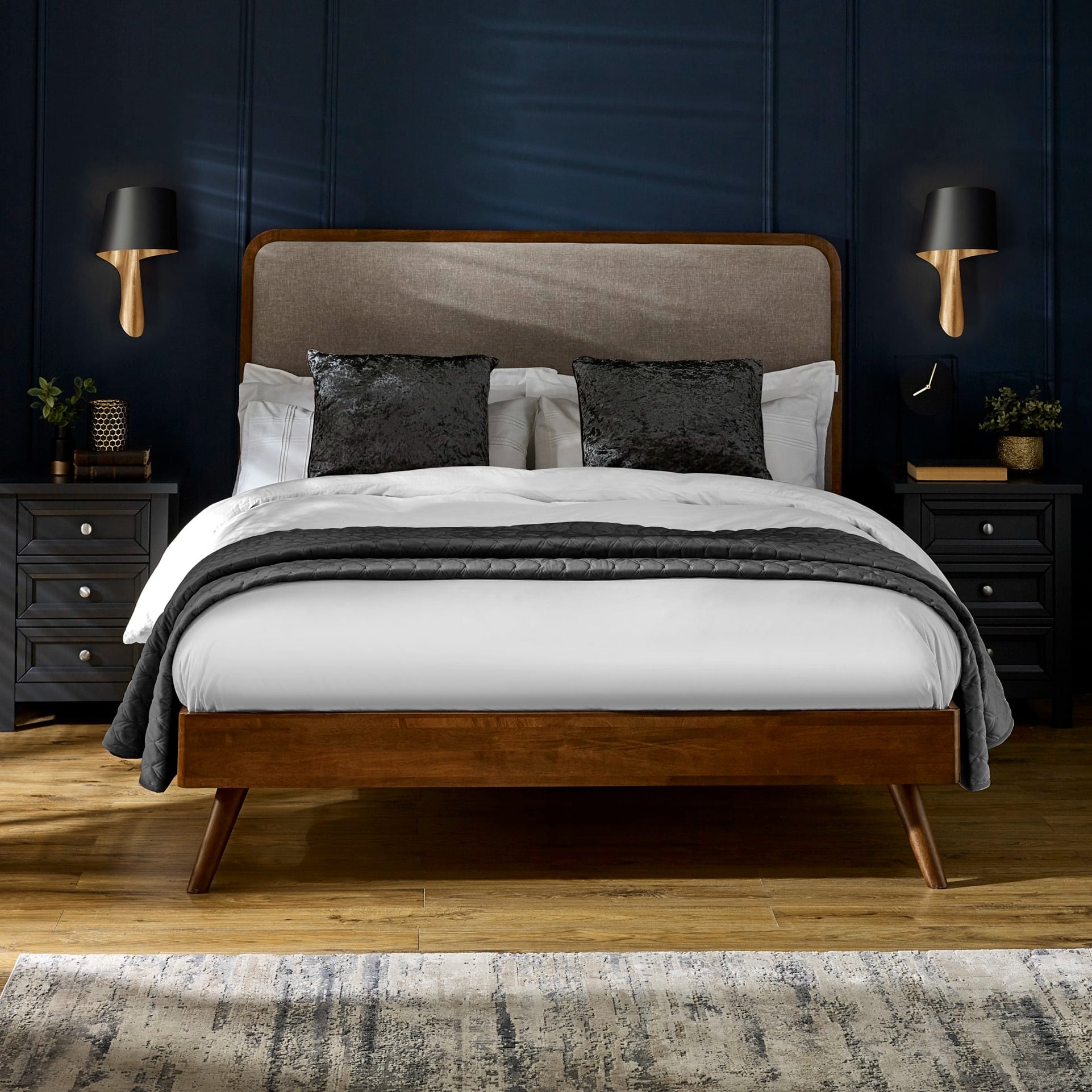 Walden - King-Size - Low Foot-End Bed - Grey/Walnut - Fabric/Wooden - 5ft - Happy Beds