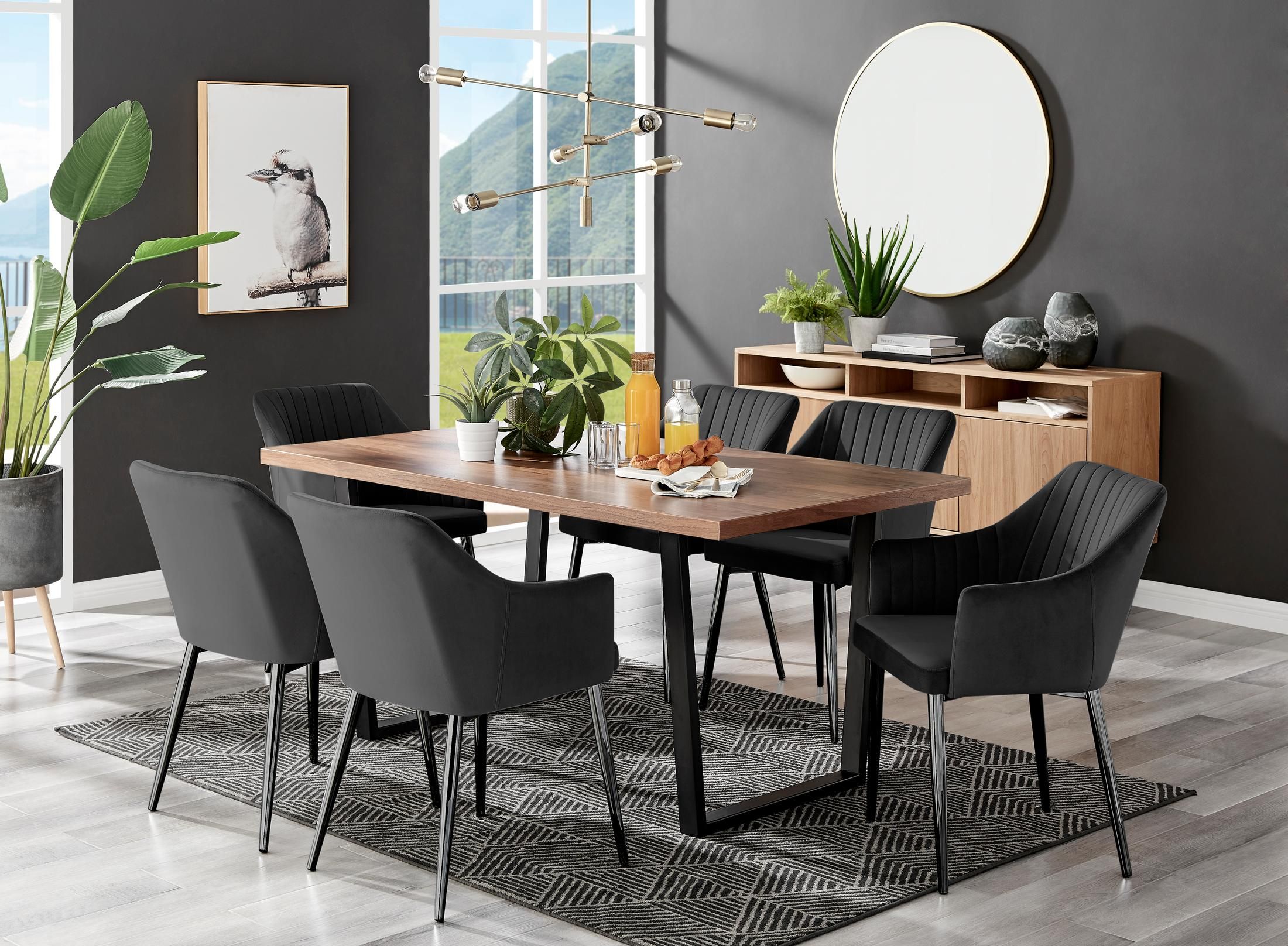 FurnitureboxUK Kylo Large Brown Wood Effect Dining Table & 6 Calla Black Leg Velvet Chairs