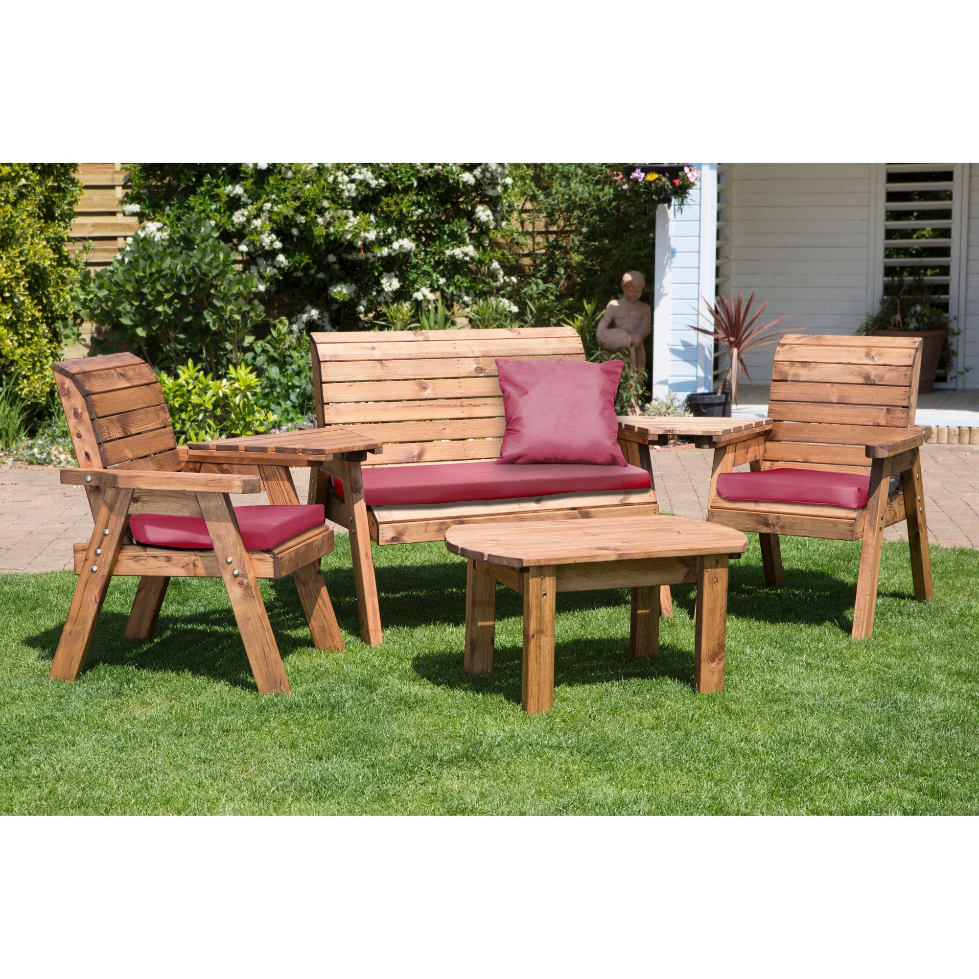 Charles Taylor 4 Seater Wooden Conversation Set with Burgundy Seat Pads Brown