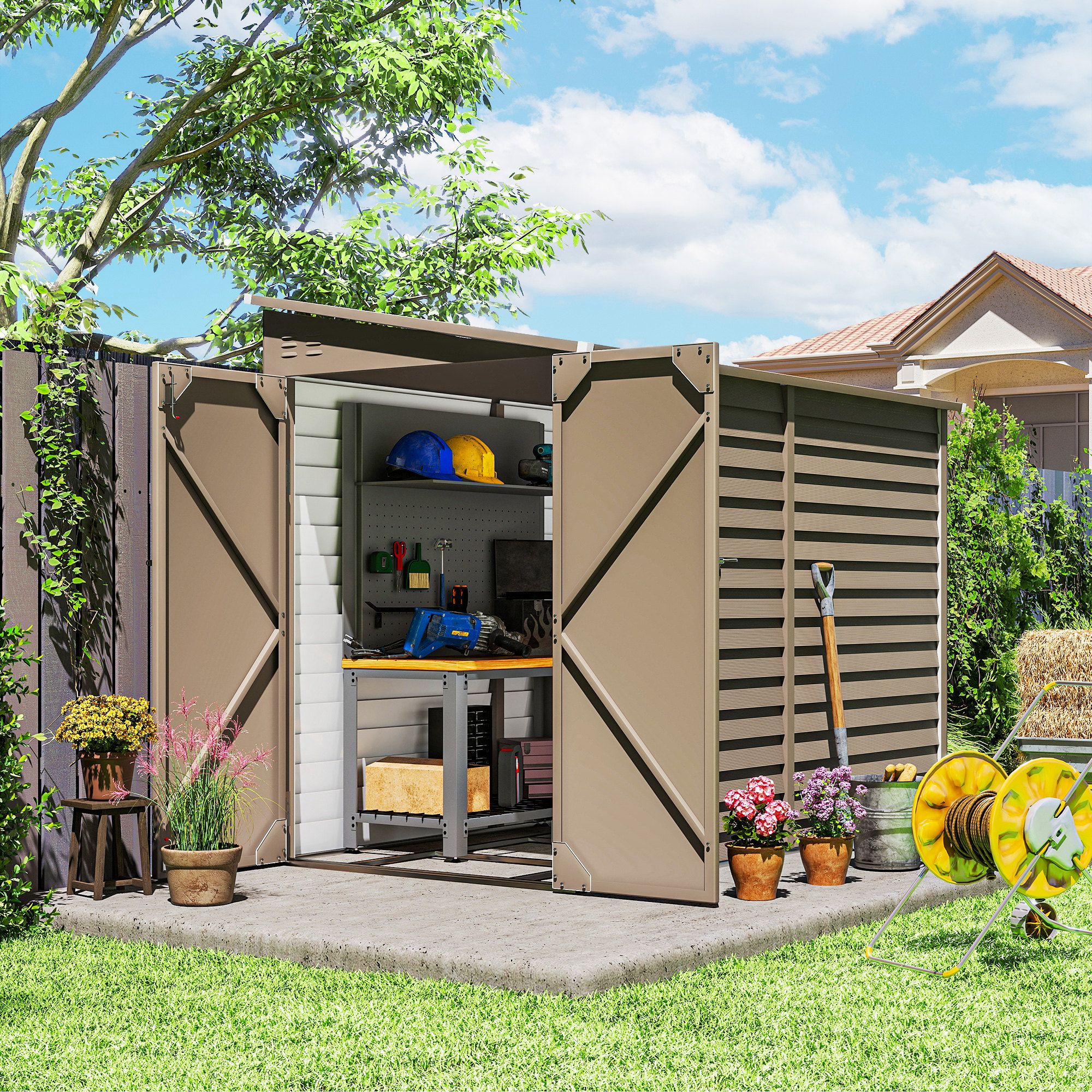 OUTSUNNY 5 x 9ft Galvanised Metal Garden Shed with Foundation Kit, Brown