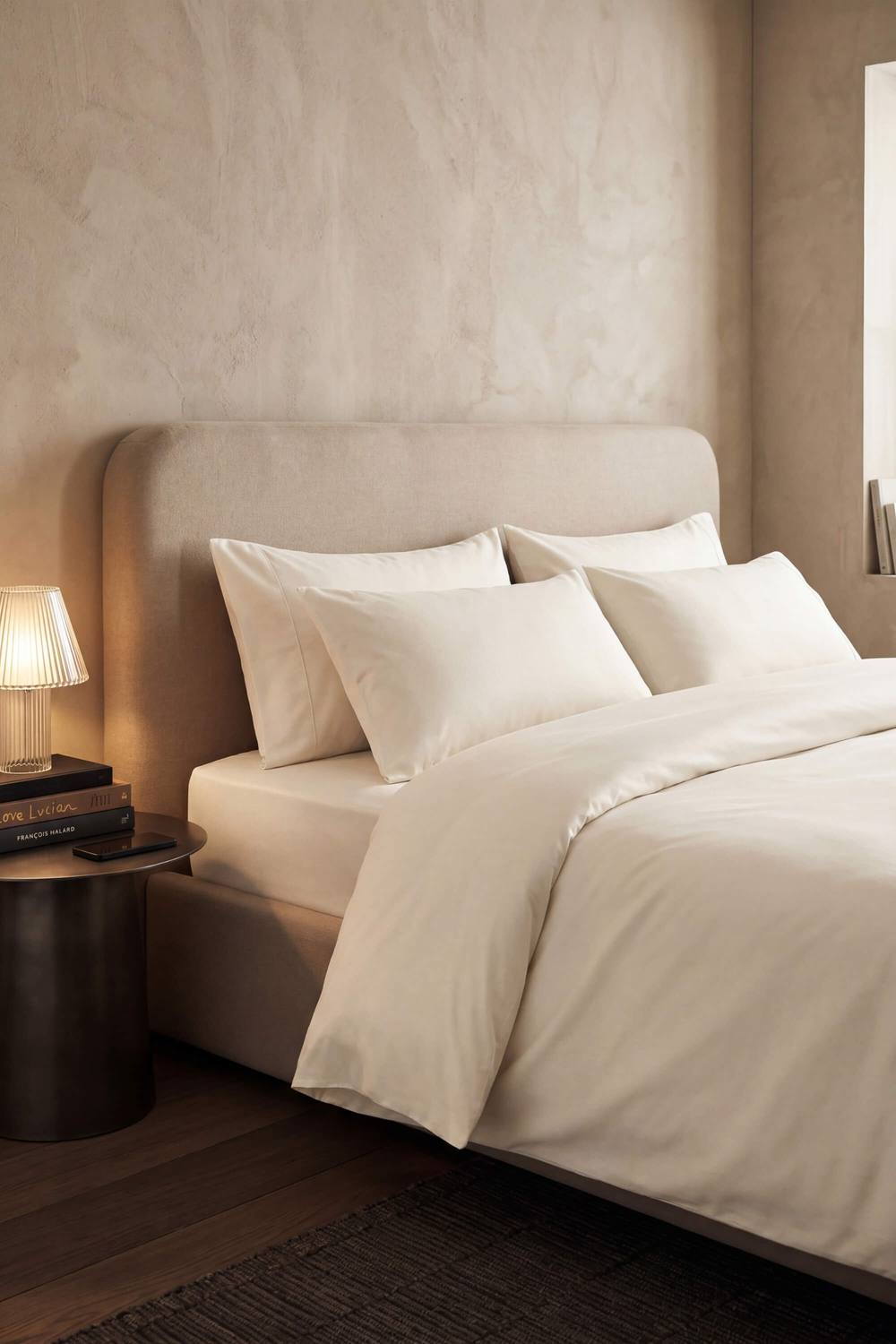 Bedable 100% Cotton Sateen Bedding Bundle 460 Thread Count - Duvet Cover Set + Fitted Sheet + Duvet + 2 Pillows - King Size Pillowcase in Cream