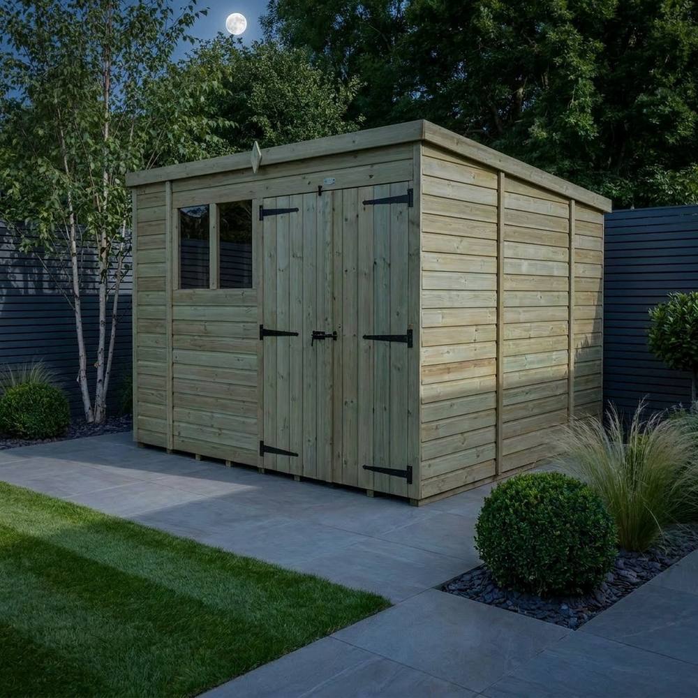 Buttercup Farm 10ft x 10ft Pent Garden Shed Double Door With Windows - Timber in Brown 3
