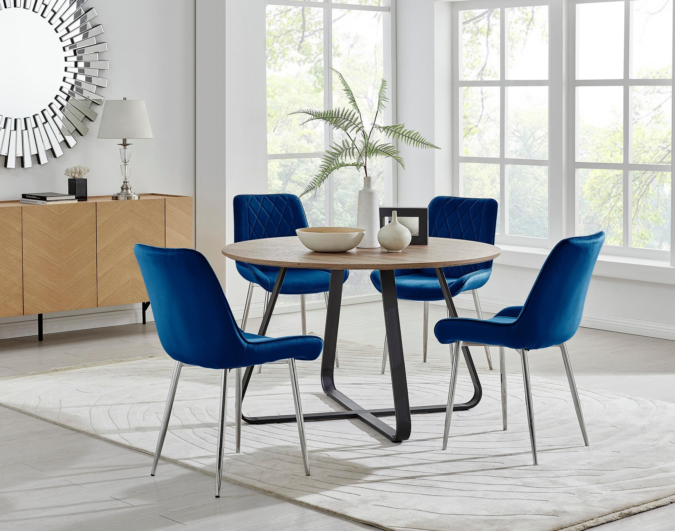 FurnitureboxUK Santorini Brown Round Dining Table & 4/6 Pesaro Silver Leg Chairs in Navy