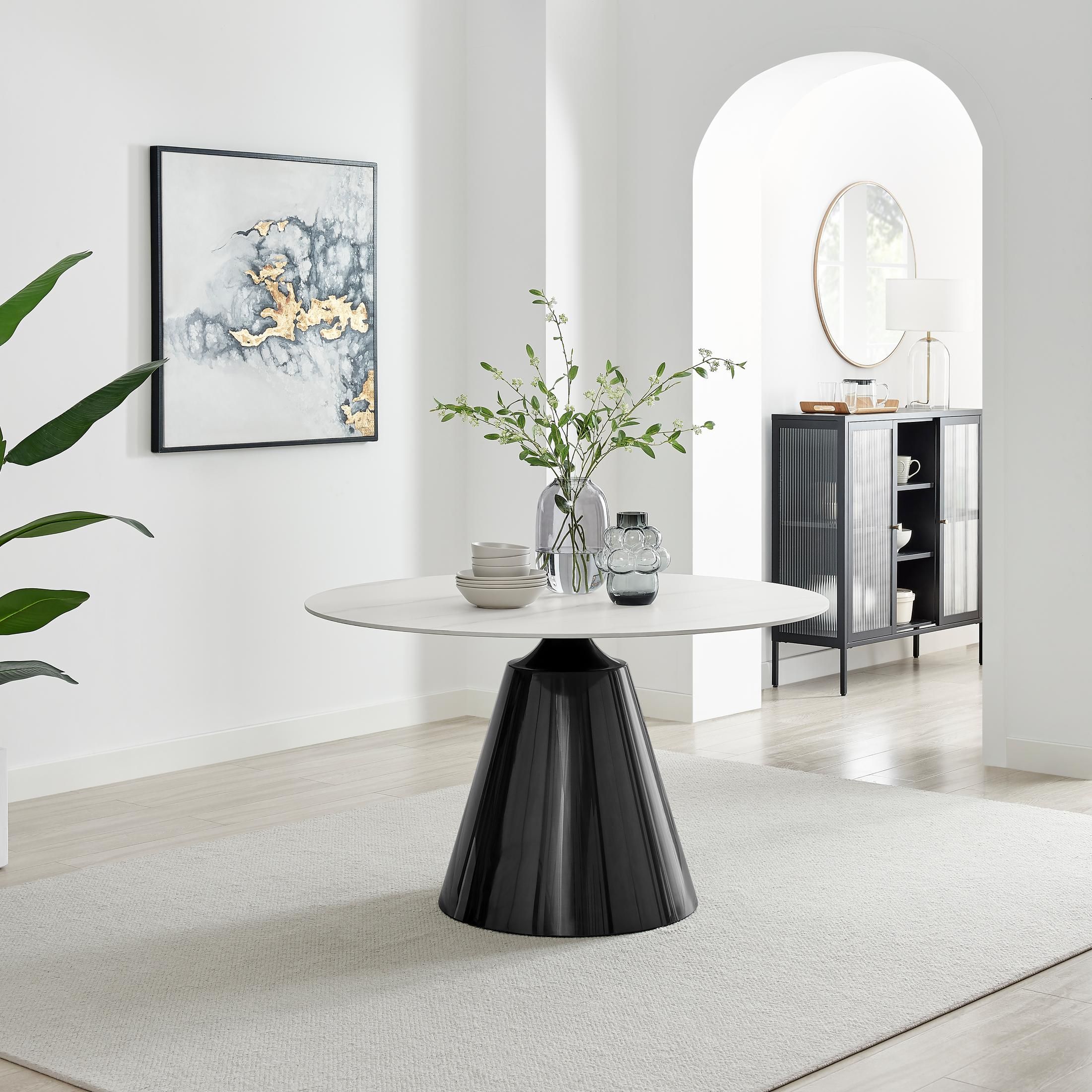 FurnitureboxUK Nina White Marble Effect Round Ceramic Dining Table in Off-White
