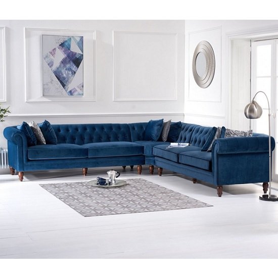 Candila Modern Fabric Corner Sofa In Blue Velvet