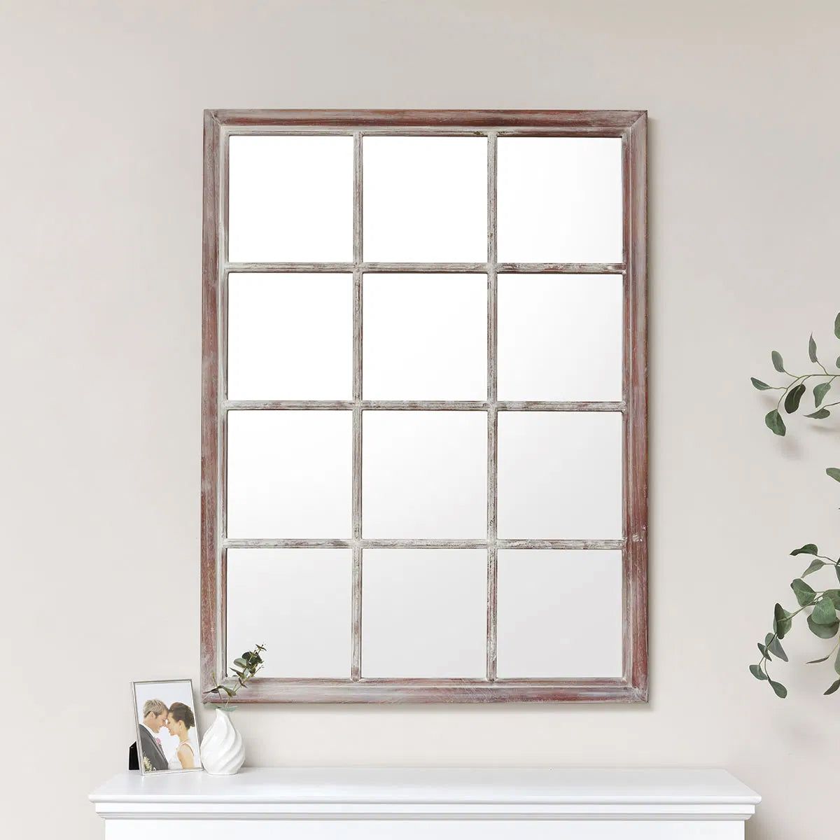 Melody Maison Large Rustic Wooden Window Wall Mirror 120cm X 90cm in Light Brown