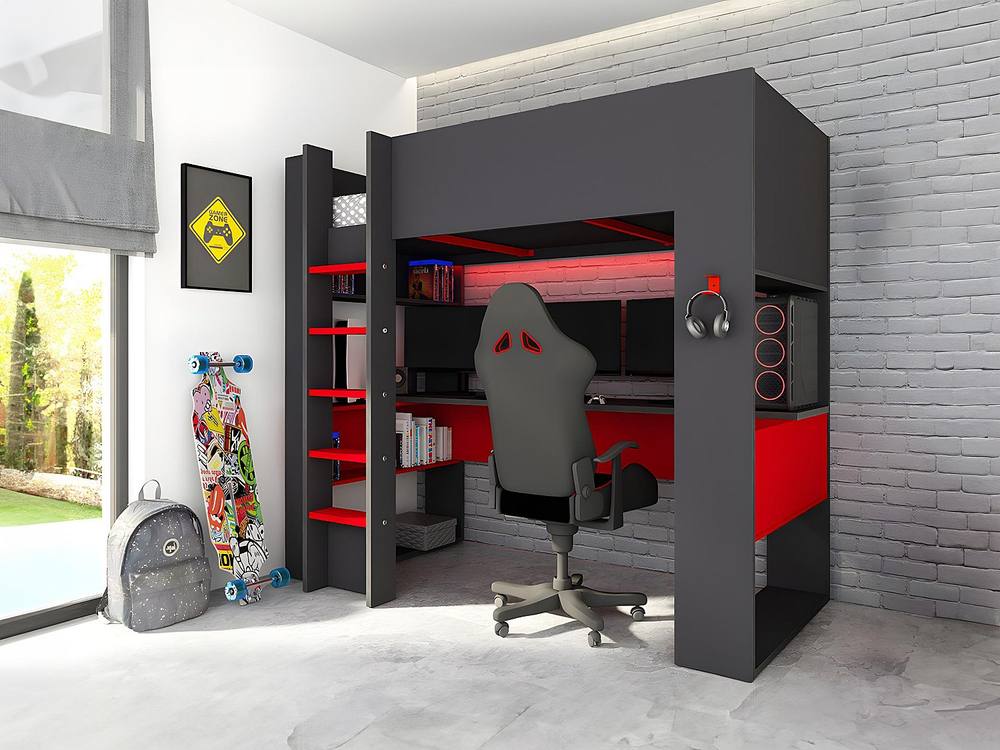 Vente-unique NOAH Gamer Loft Bed With Desk & Built - In Storage - 90 X 200 Cm in Grey