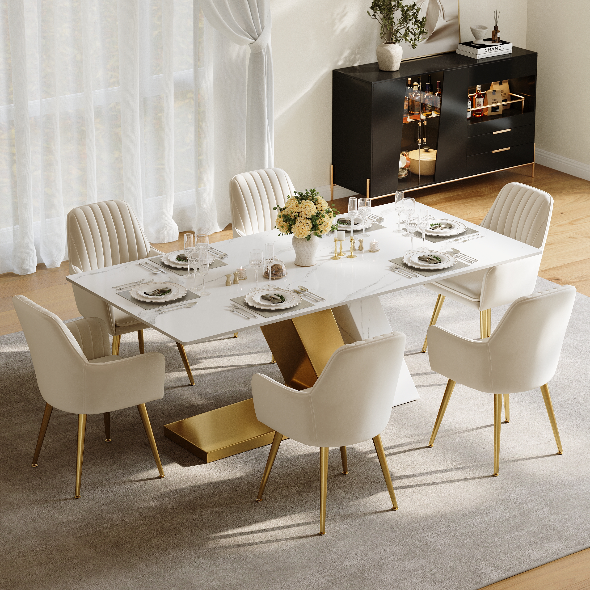 Dining Set 79" Modern Rectangle Sintered Stone Dining Table with 6 Chairs