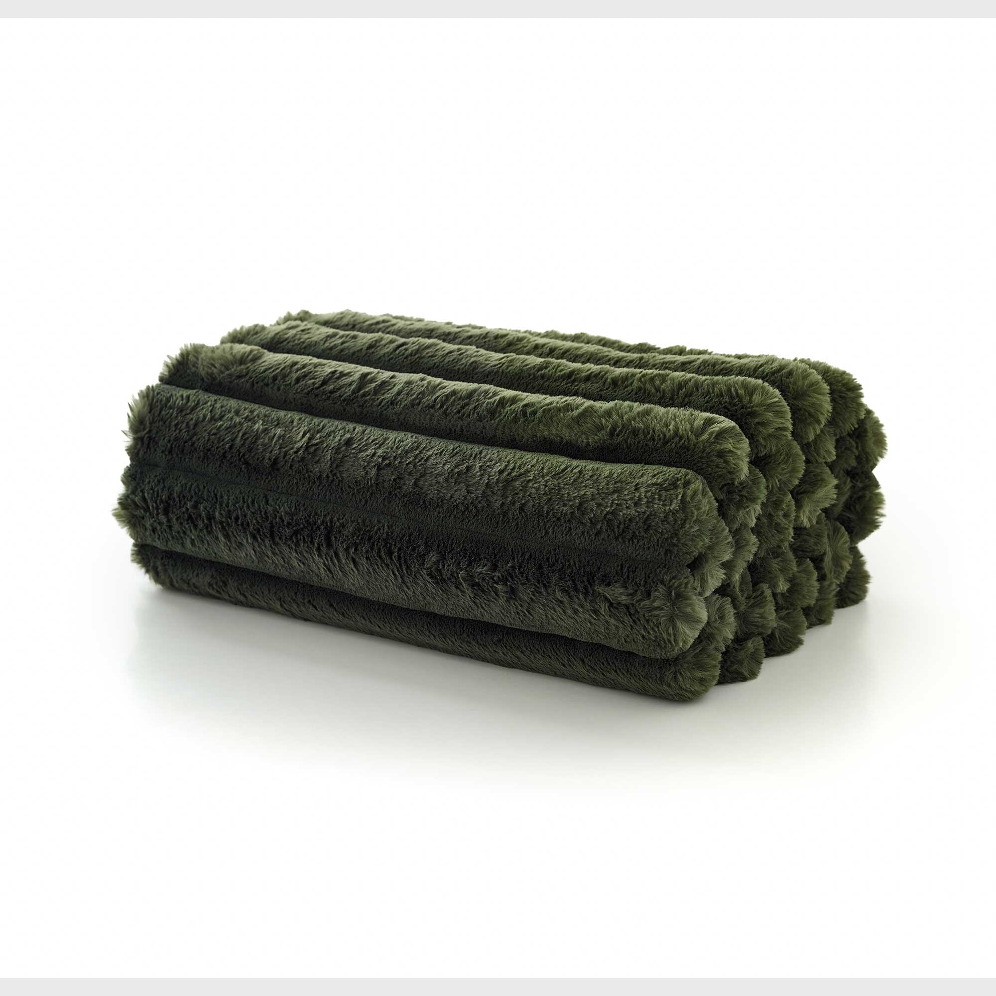 Dark Forest Ribbed Faux Fur Throw Blanket, Green Polyester | Barker & Stonehouse