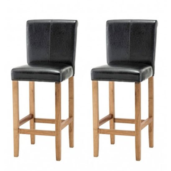 Wilton Black Leather Bar Stool With Oak Leg In Pair